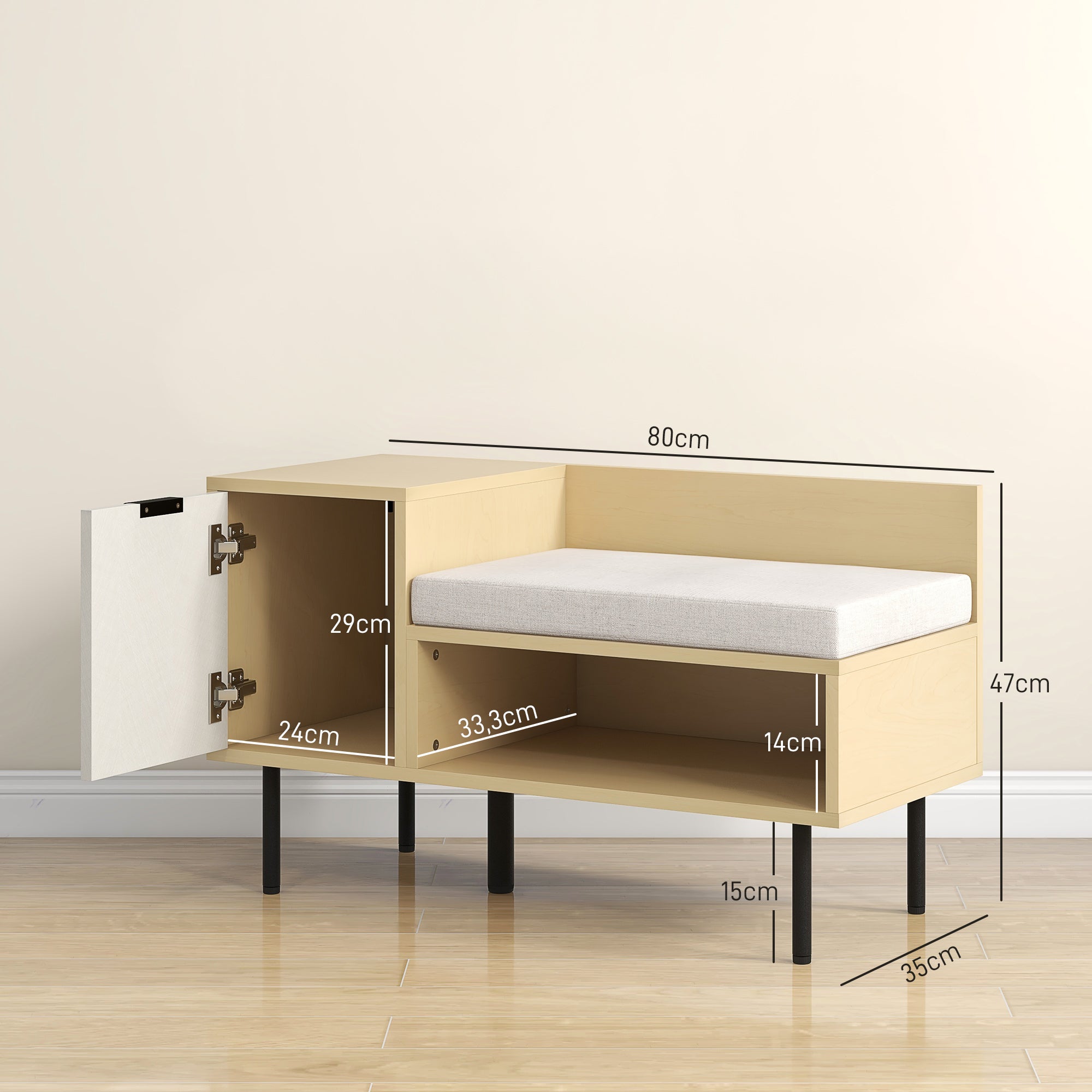 Banco Sapateira de Entrada com Almofada 80x35x47 cm - Madeira e Cinza