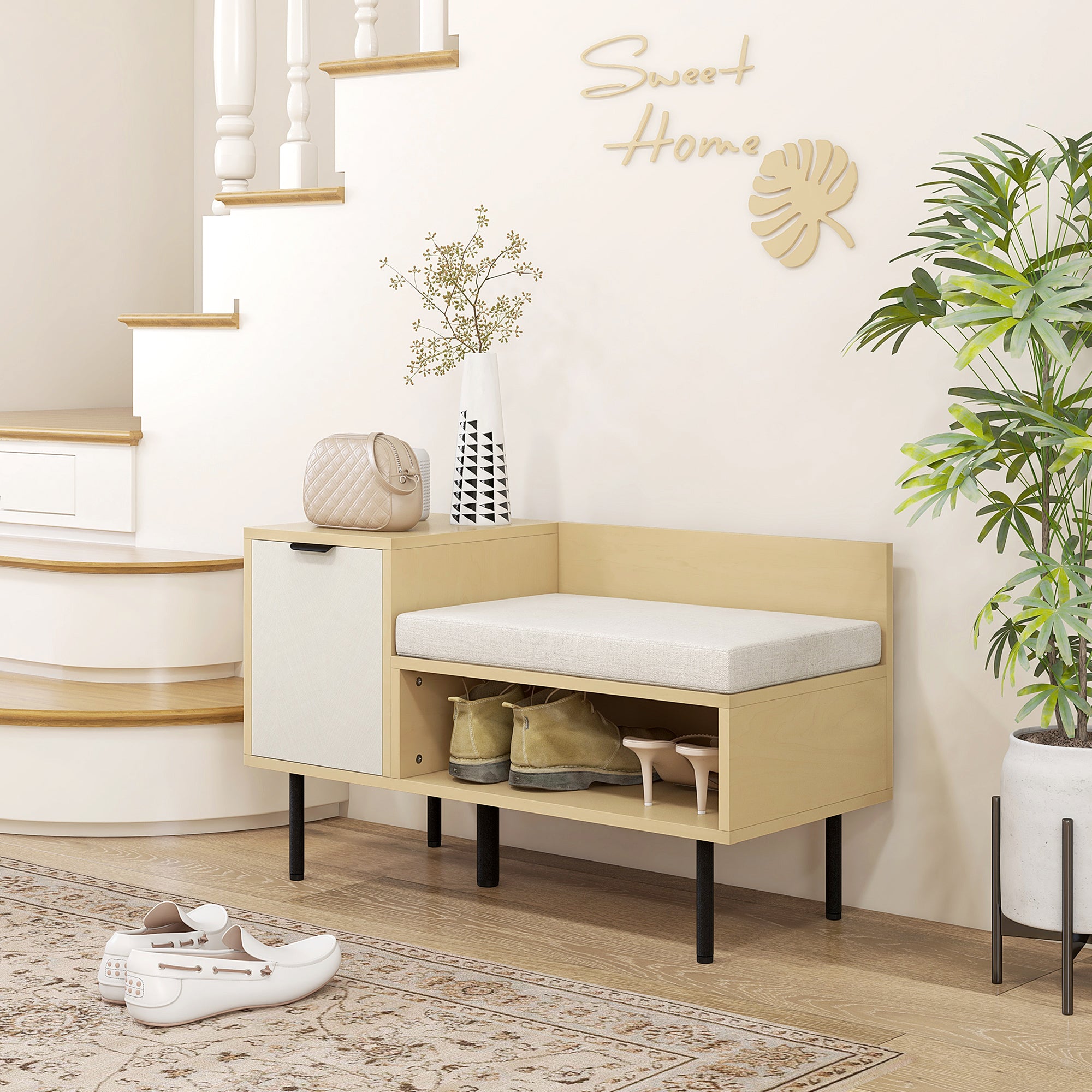 Banco Sapateira de Entrada com Almofada 80x35x47 cm - Madeira e Cinza