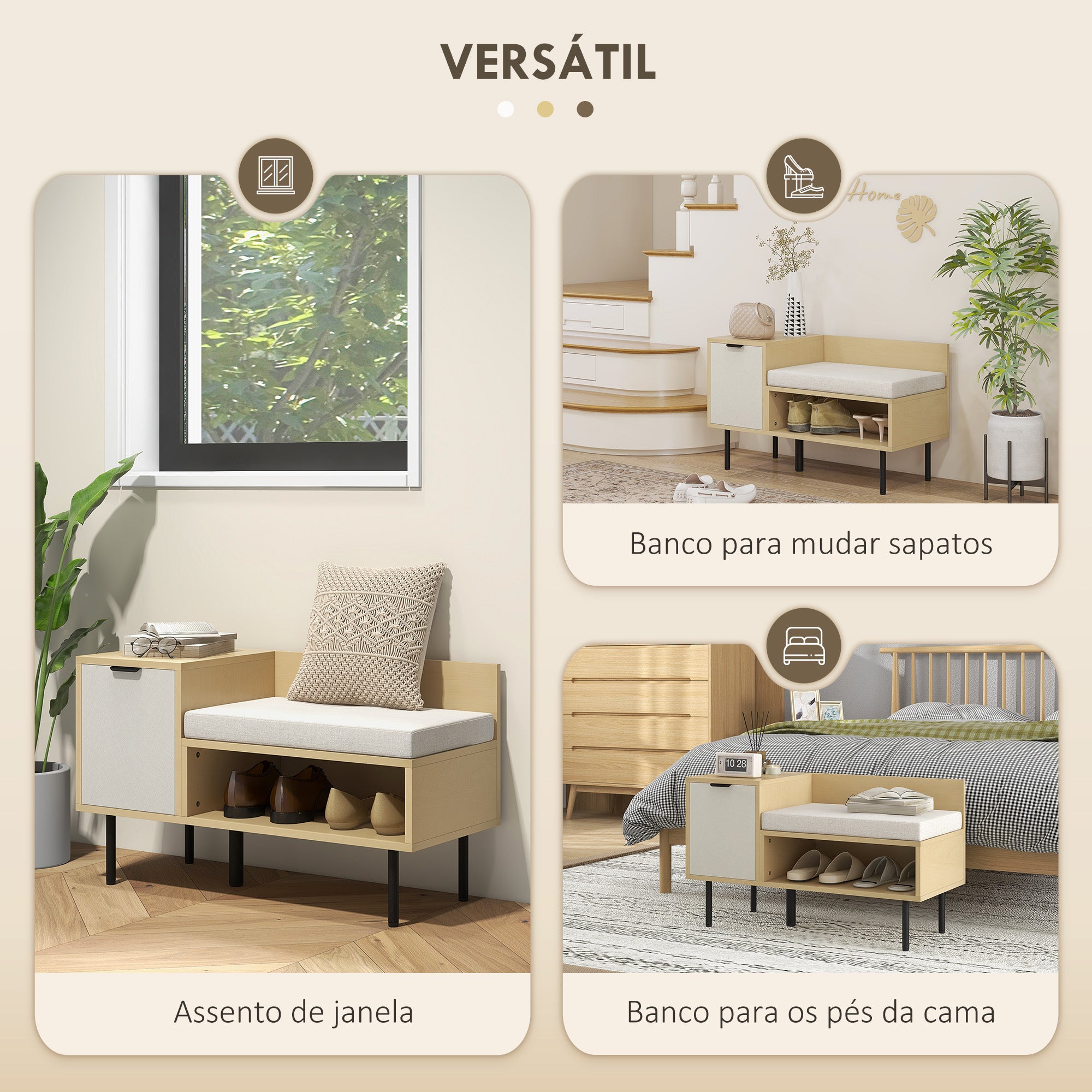 Banco Sapateira de Entrada com Almofada 80x35x47 cm - Madeira e Cinza
