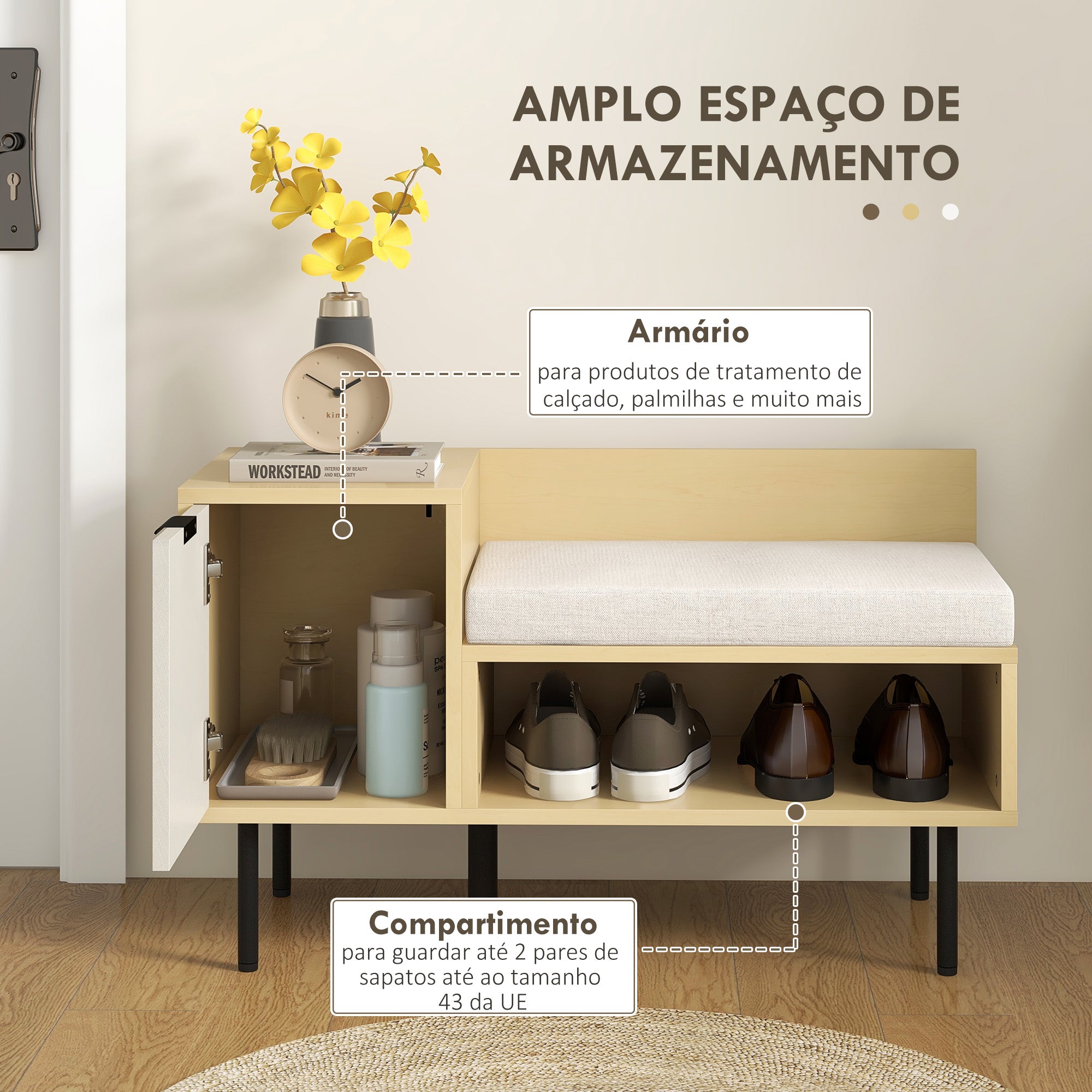Banco Sapateira de Entrada com Almofada 80x35x47 cm - Madeira e Cinza
