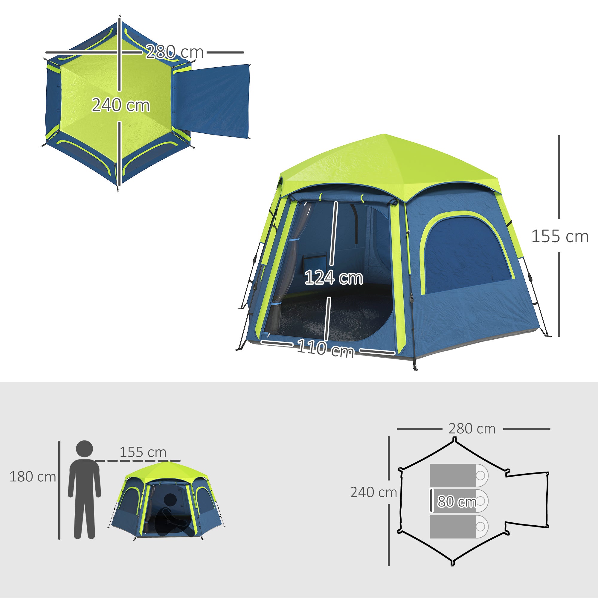 Tenda de Campismo para 2-3 Pessoas 280x240x155 cm - Azul e Verde