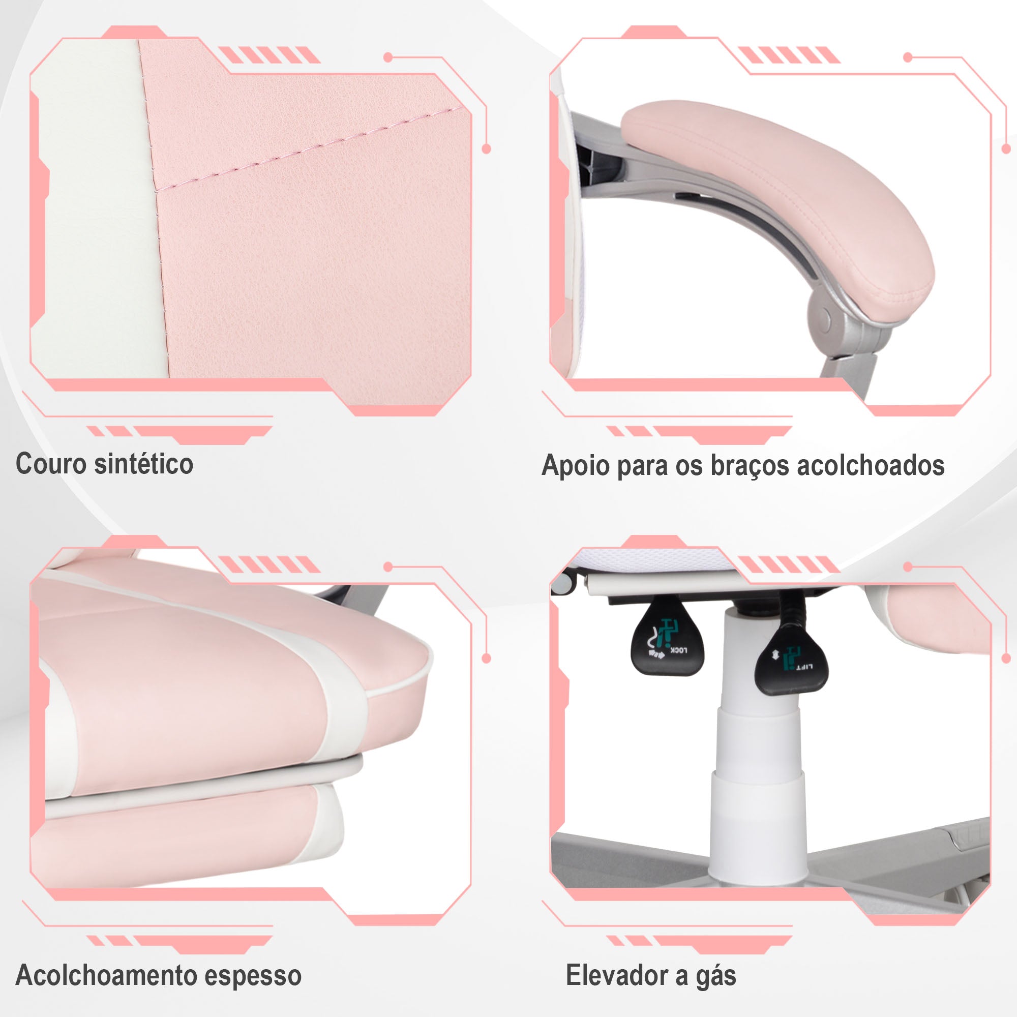 Cadeira de Escritório Reclinável – 63x63x115,5-123 cm – Rosa – Couro sintético