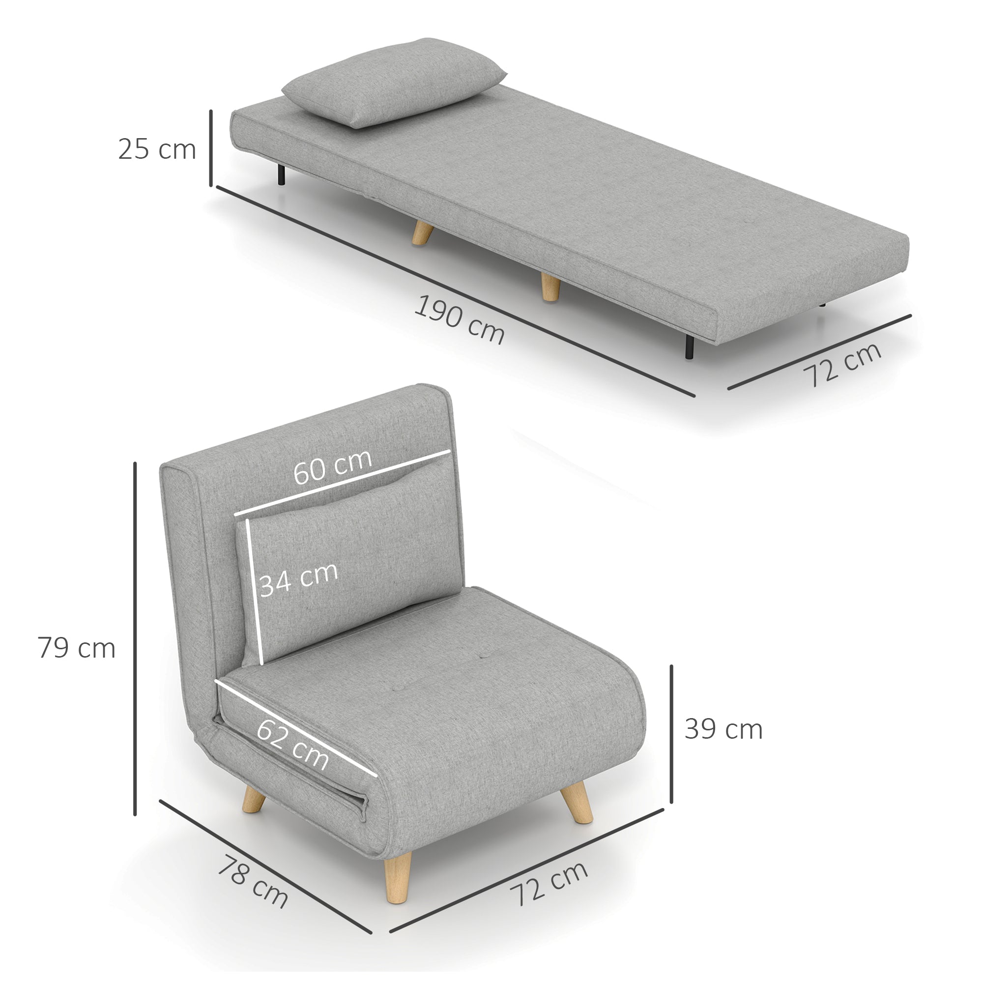Poltrona Cama Individual Dobrável Cinzenta 72x78x79 cm