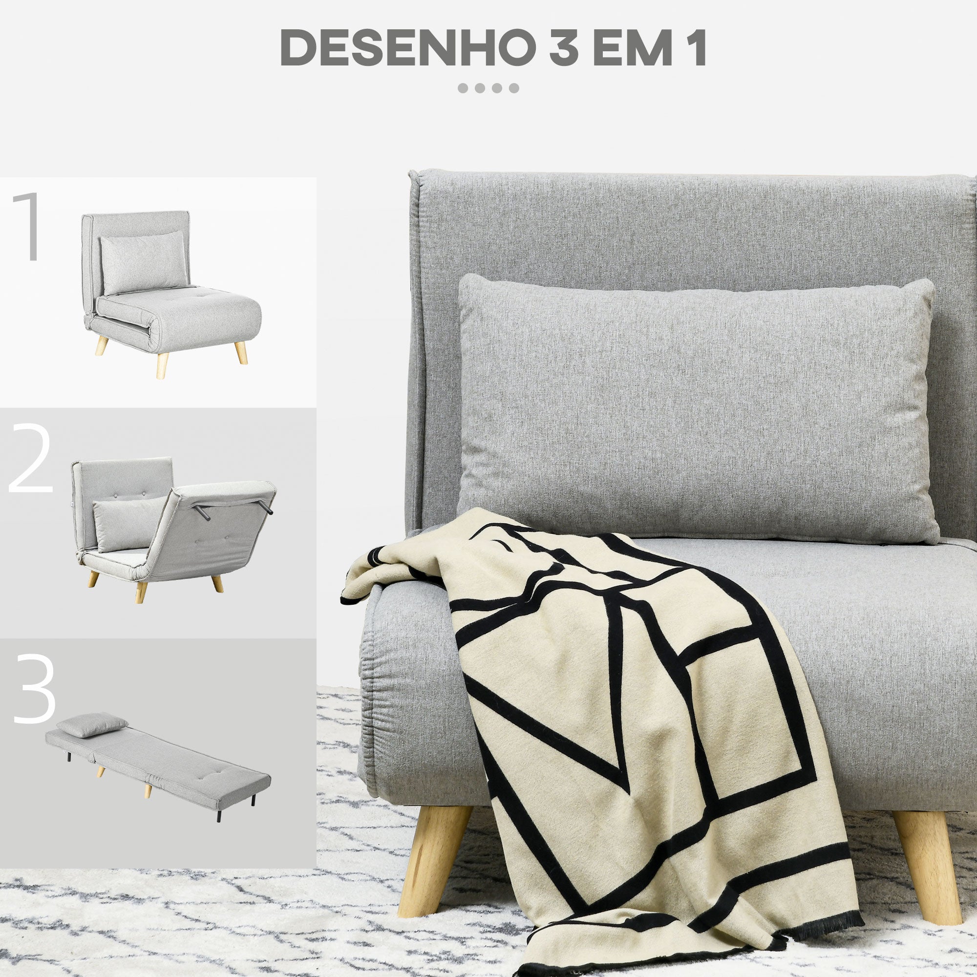 Poltrona Cama Individual Dobrável Cinzenta 72x78x79 cm