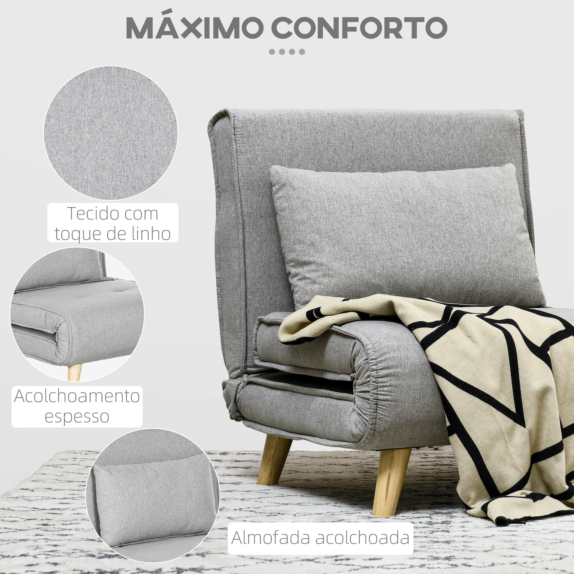 Poltrona Cama Individual Dobrável Cinzenta 72x78x79 cm
