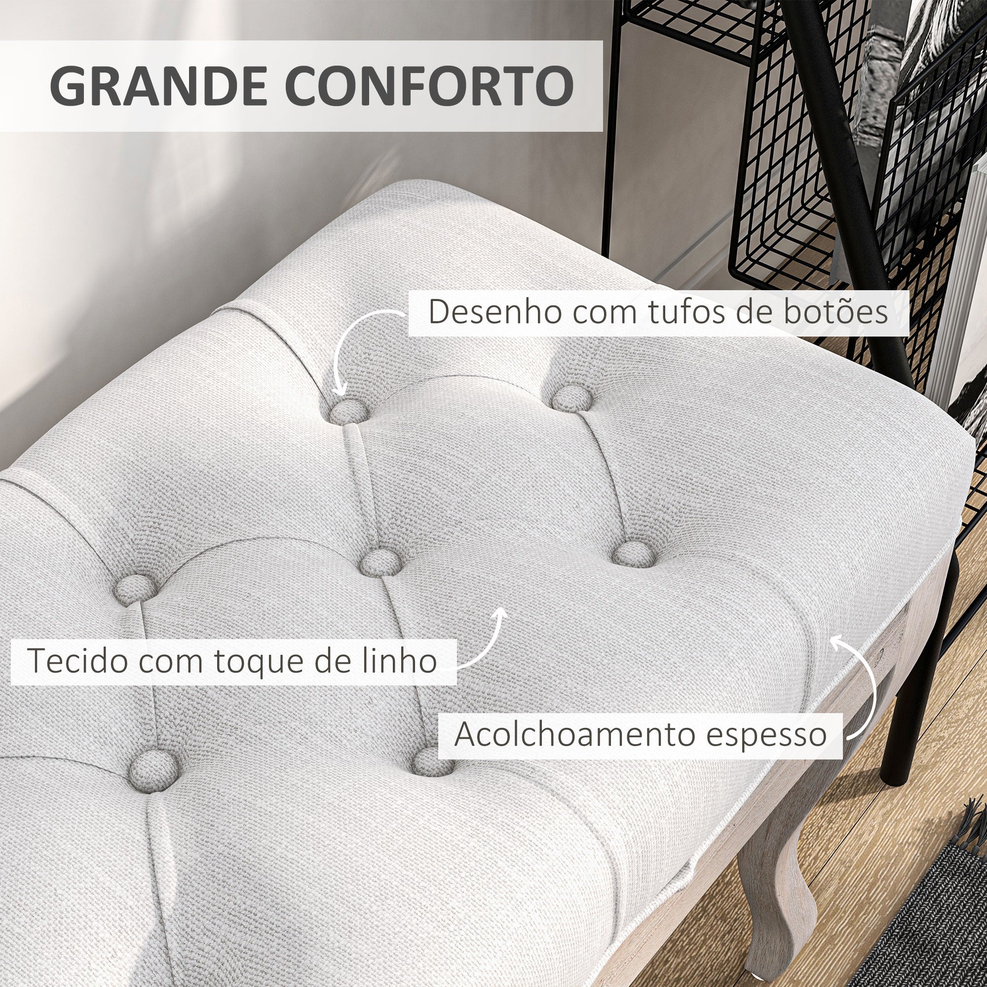 Banco Acolchoado Vintage Creme 110x37x49 cm