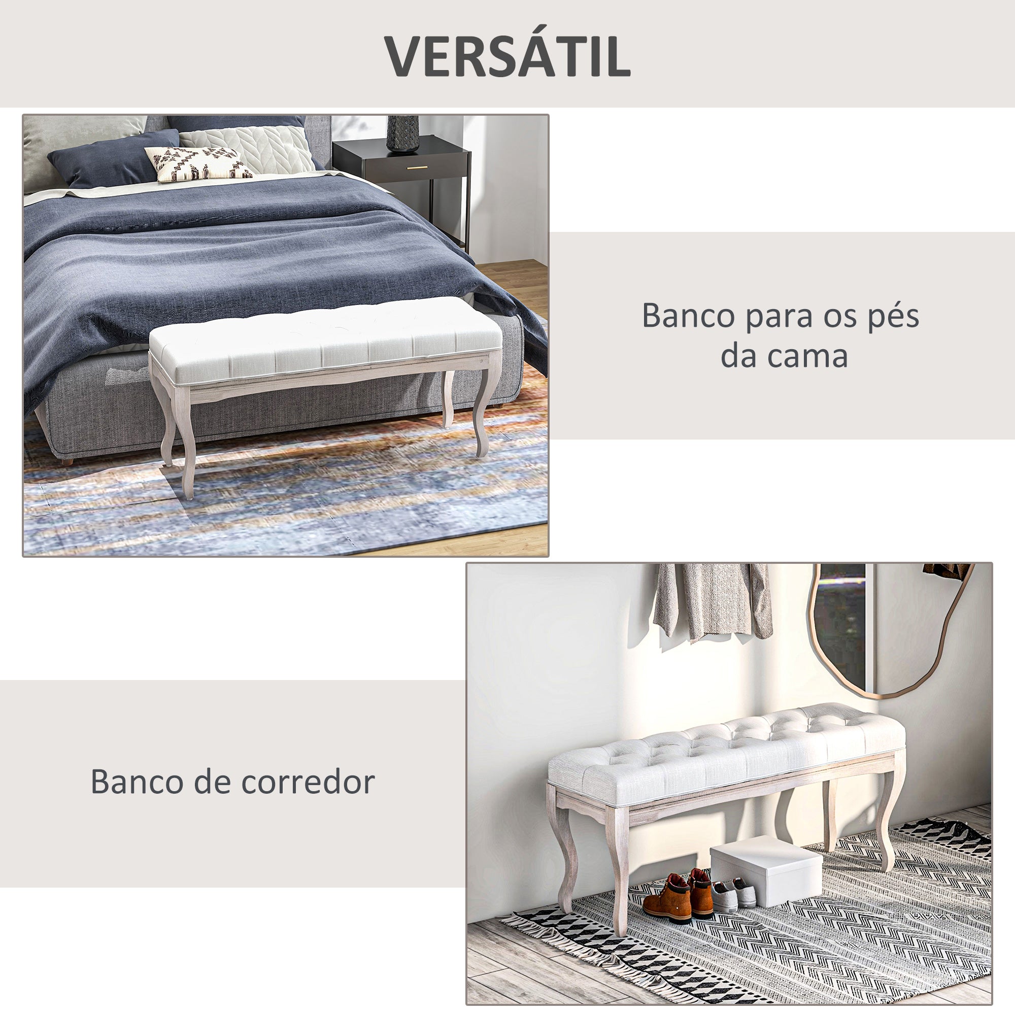 Banco Acolchoado Vintage Creme 110x37x49 cm