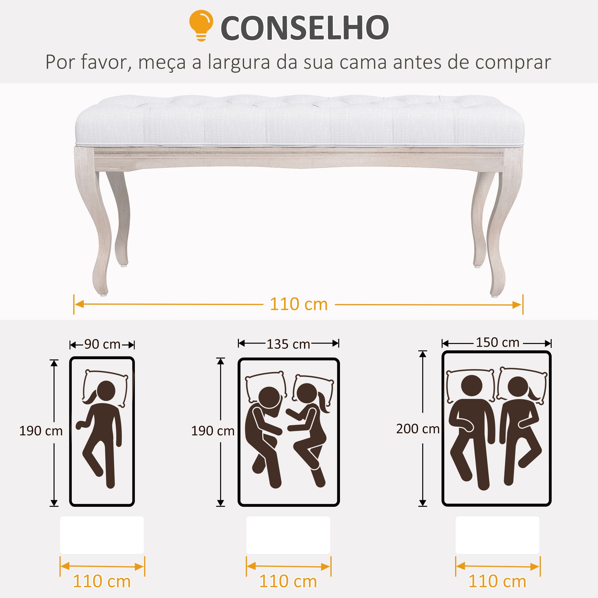 Banco Acolchoado Vintage Creme 110x37x49 cm