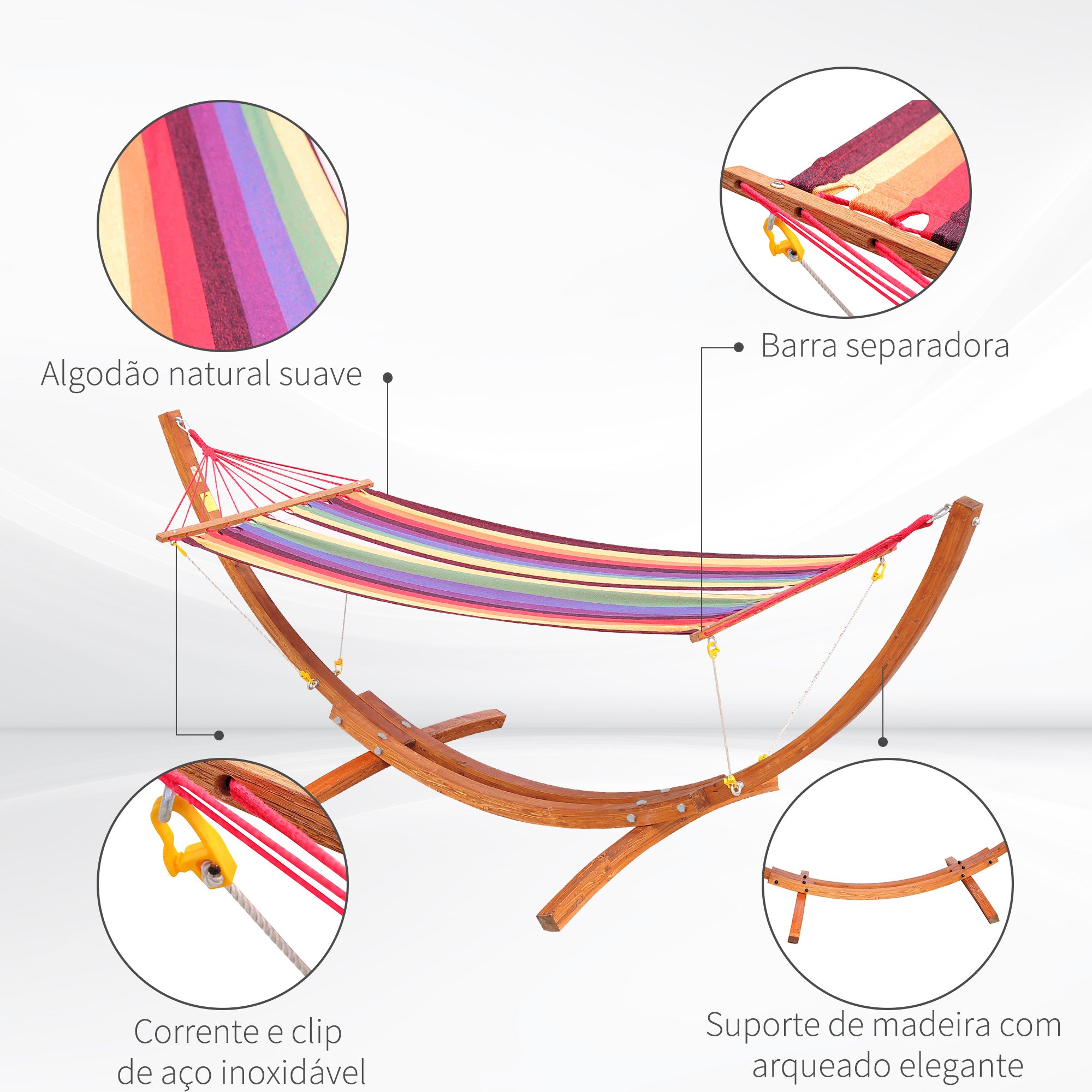 Cama Rede com Suporte de Madeira 325x118x120cm - Madeira e Multicor