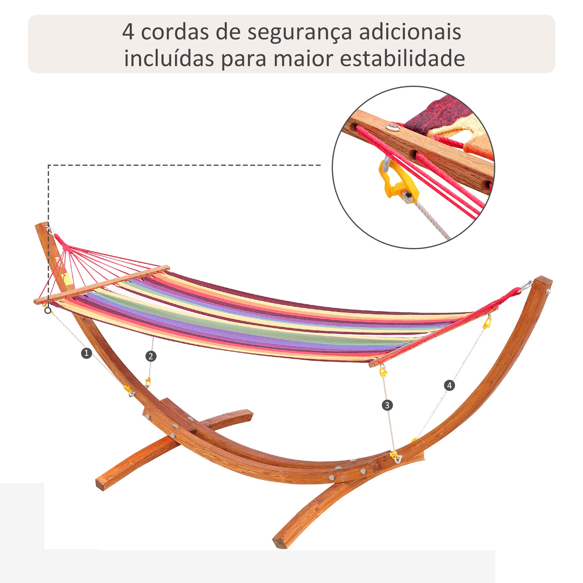 Cama Rede com Suporte de Madeira 325x118x120cm - Madeira e Multicor