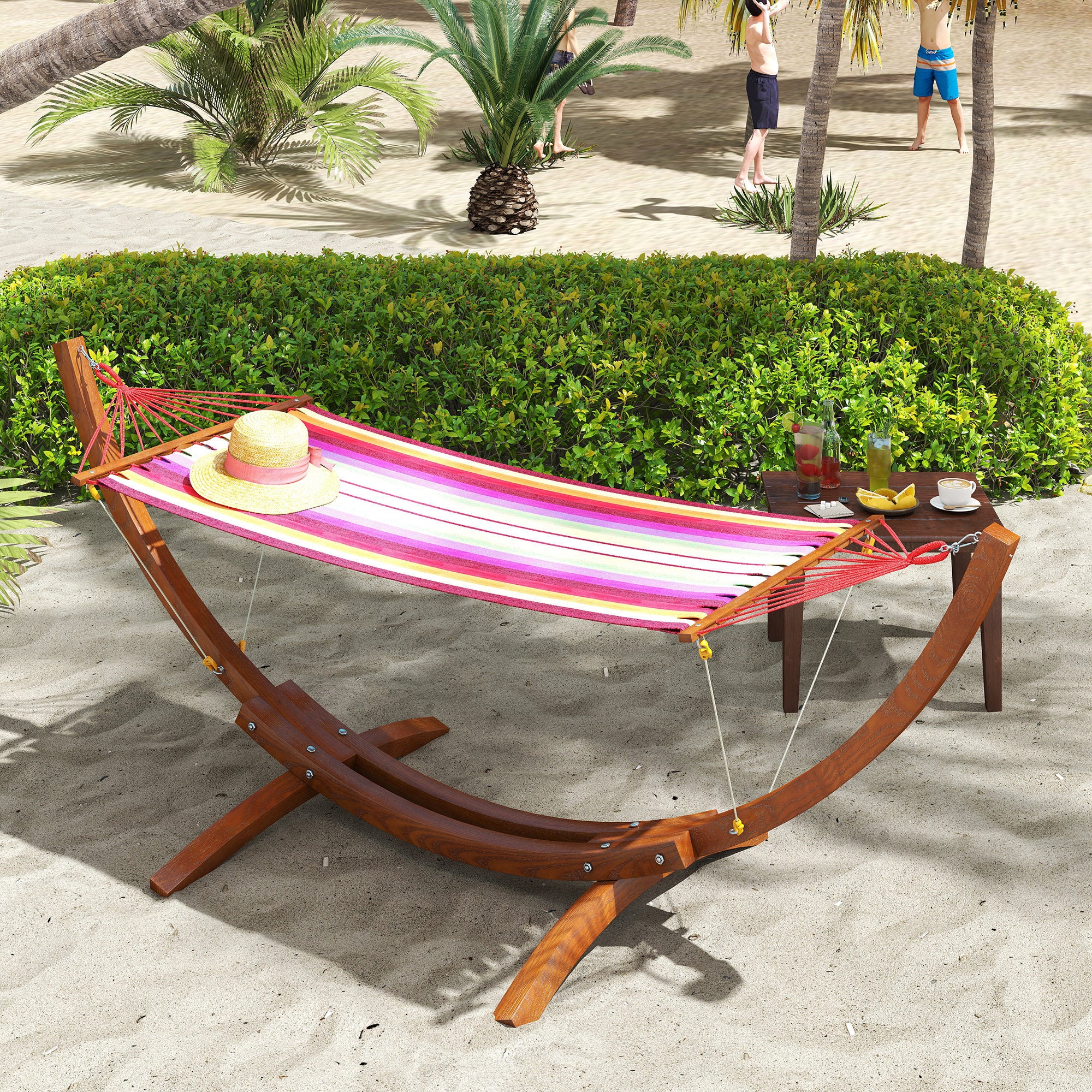 Cama Rede com Suporte de Madeira 325x118x120cm - Madeira e Multicor