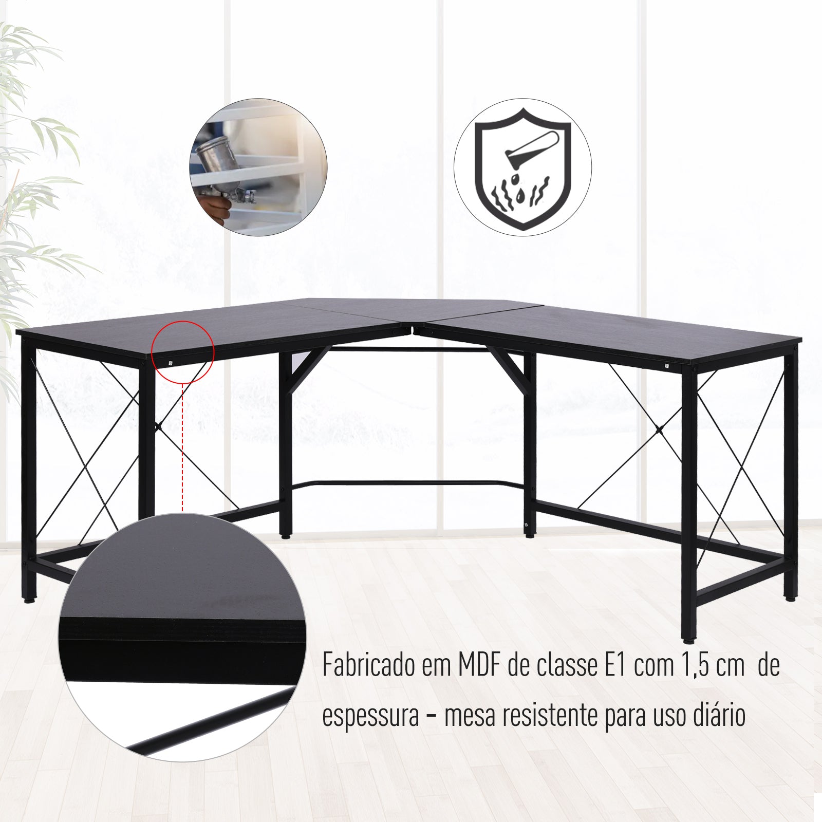 Secretária em Forma de L Preto 150x150x76 cm