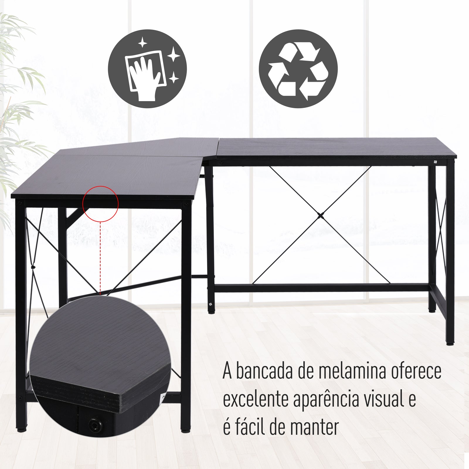 Secretária em Forma de L Preto 150x150x76 cm