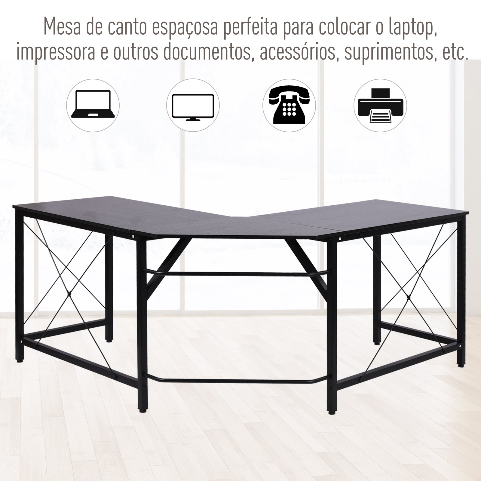 Secretária em Forma de L Preto 150x150x76 cm