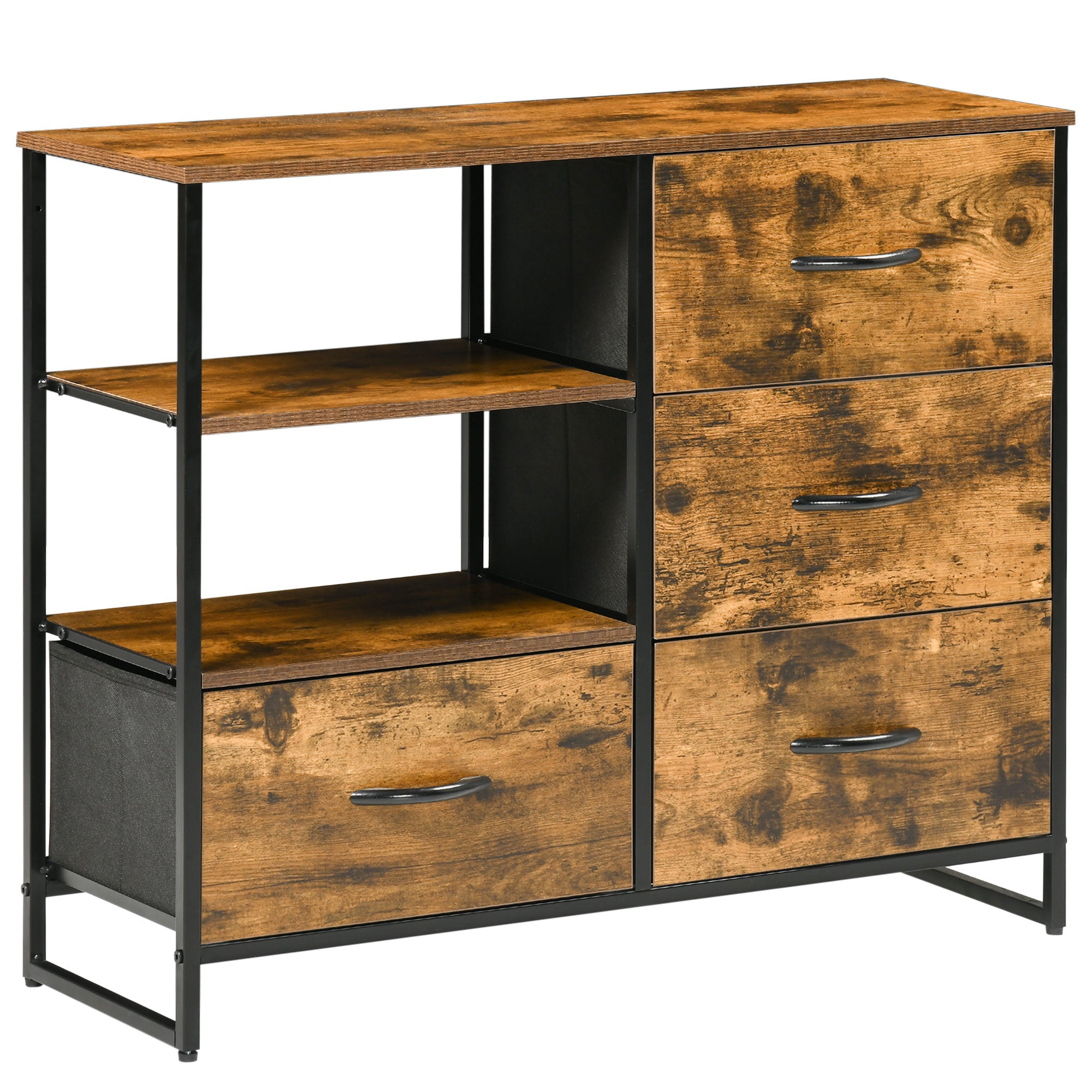 Cómoda 4 Gavetas Tecido Dobrável 2 Prateleiras 84x30x71,5 cm Castanho Rústico