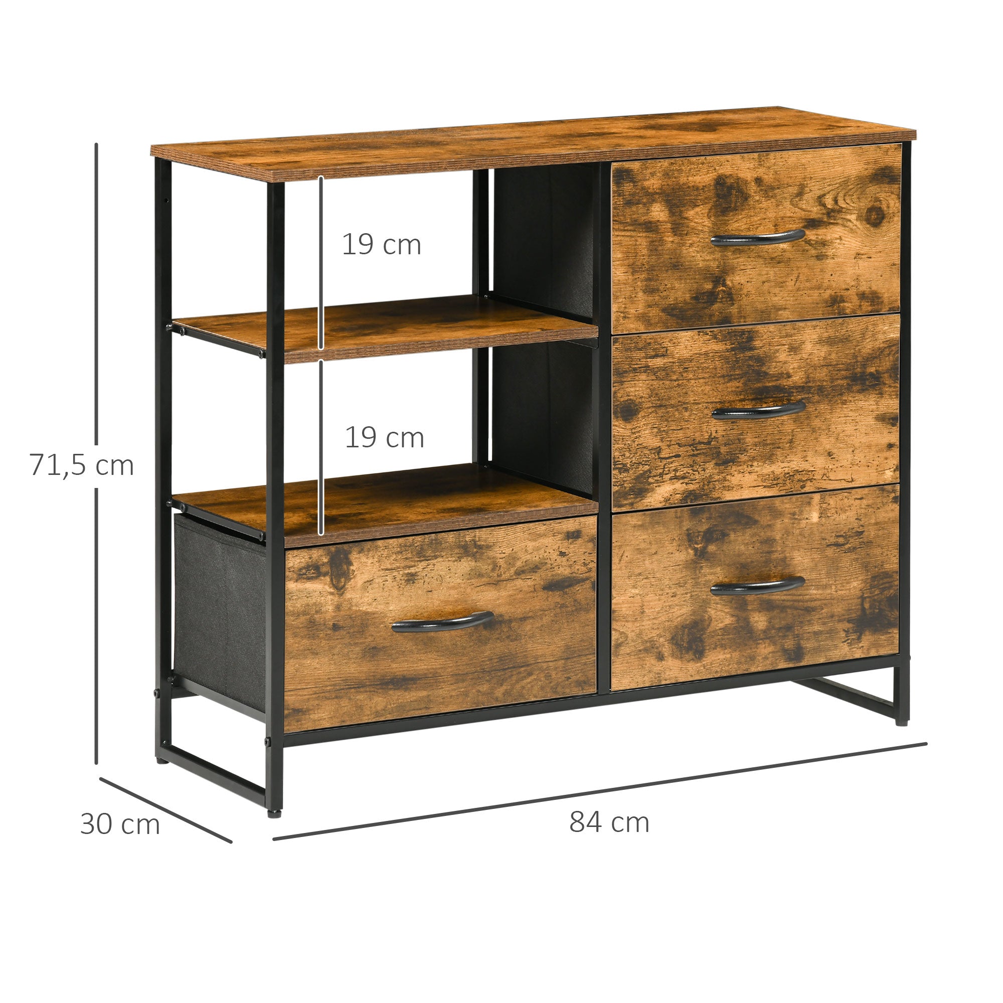 Cómoda 4 Gavetas Tecido Dobrável 2 Prateleiras 84x30x71,5 cm Castanho Rústico