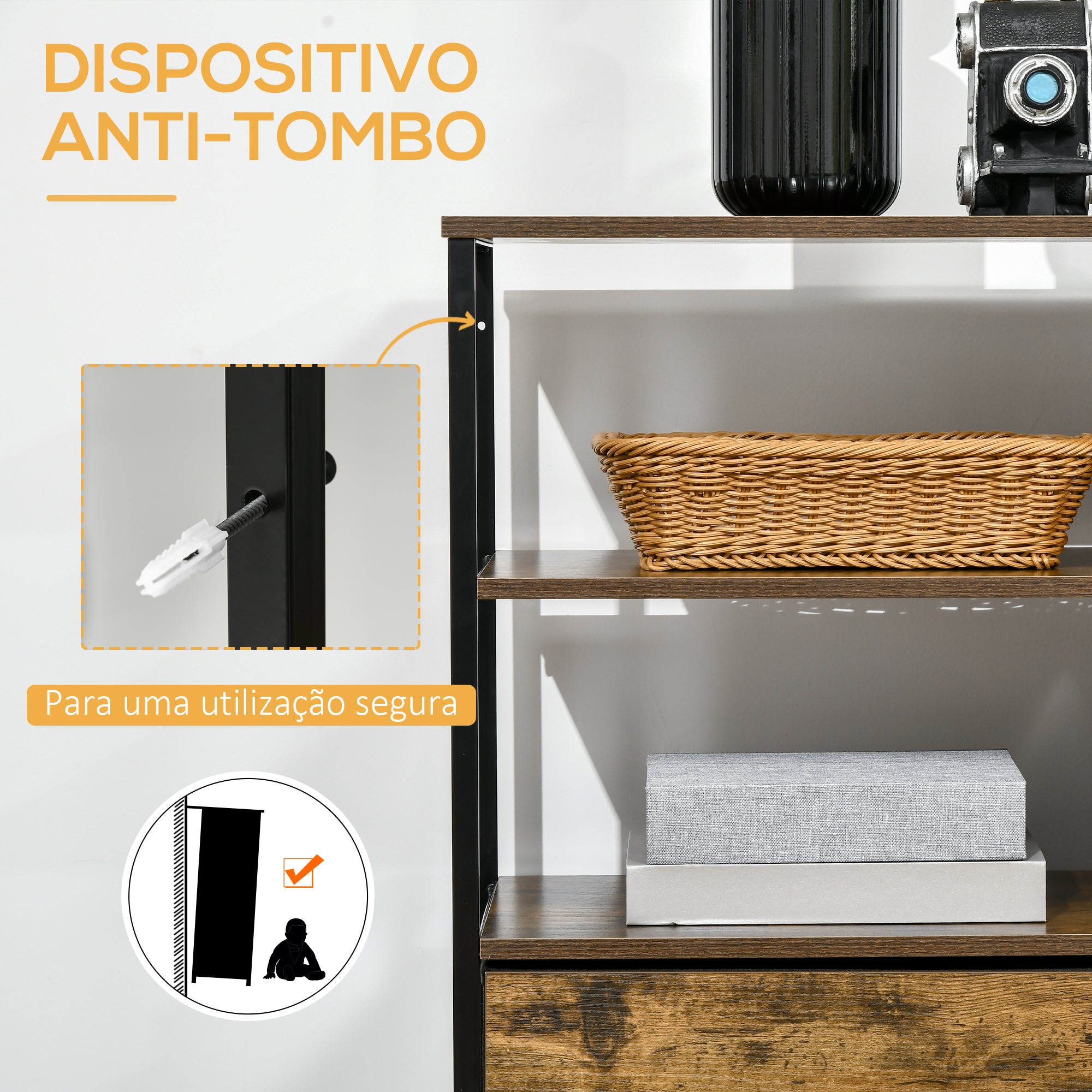 Cómoda 4 Gavetas Tecido Dobrável 2 Prateleiras 84x30x71,5 cm Castanho Rústico