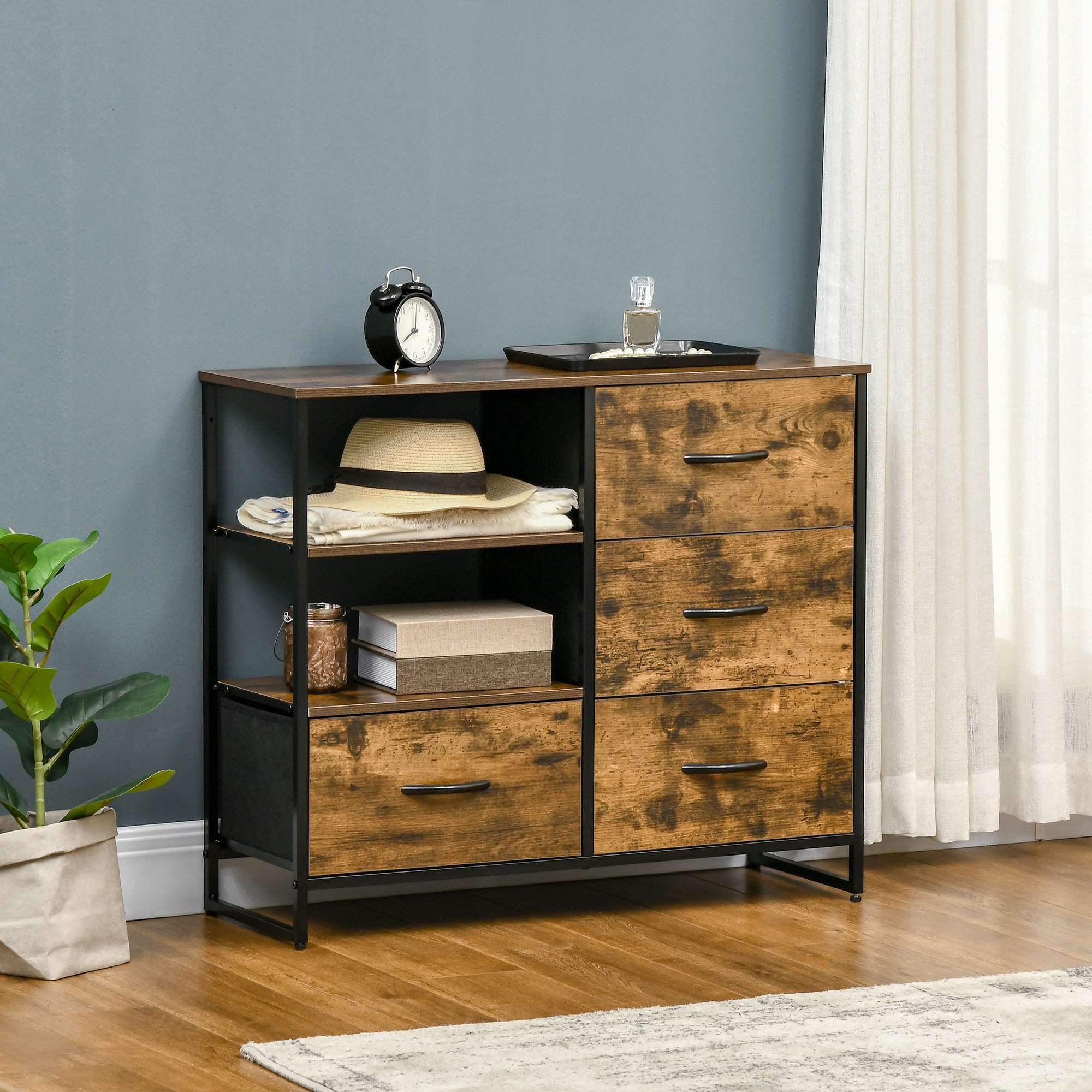 Cómoda 4 Gavetas Tecido Dobrável 2 Prateleiras 84x30x71,5 cm Castanho Rústico