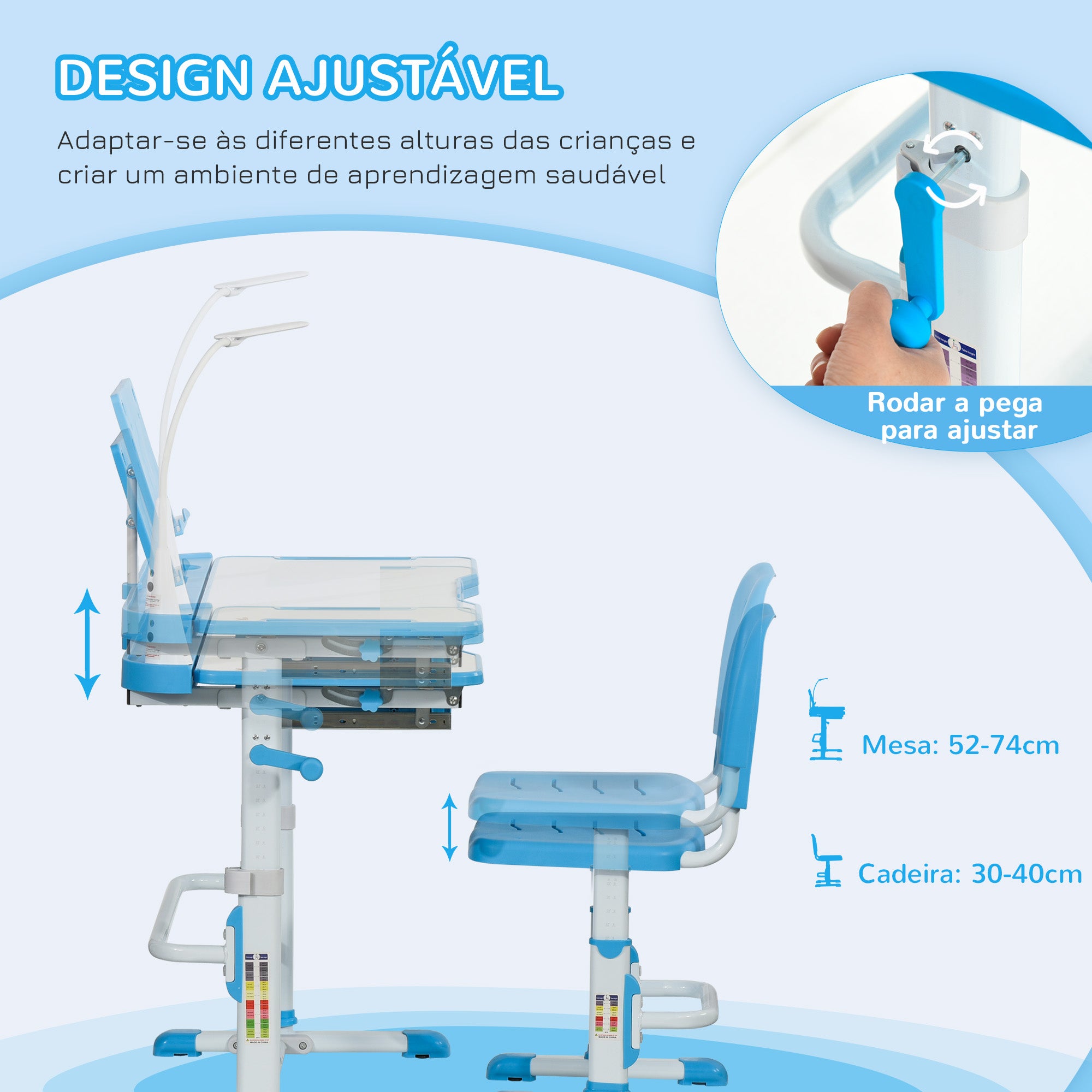 Secretária e Cadeira Ajustáveis para Crianças - Azul 80x49,5x80-105 cm