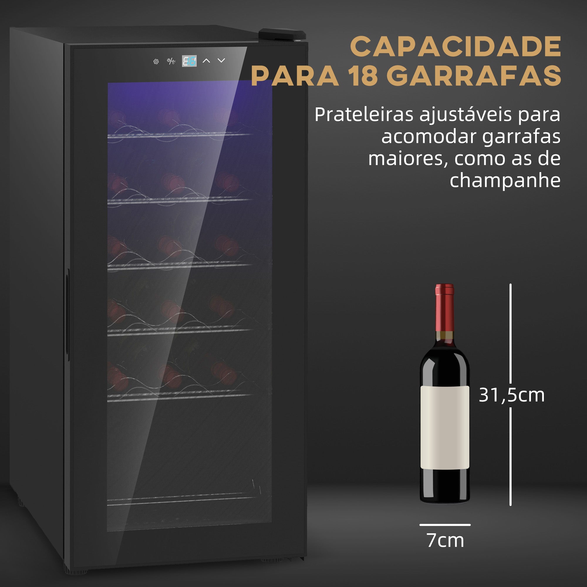 Garrafeira com Sistema de Refrigeração - 18 Garrafas Preto 34,5x45x78 cm