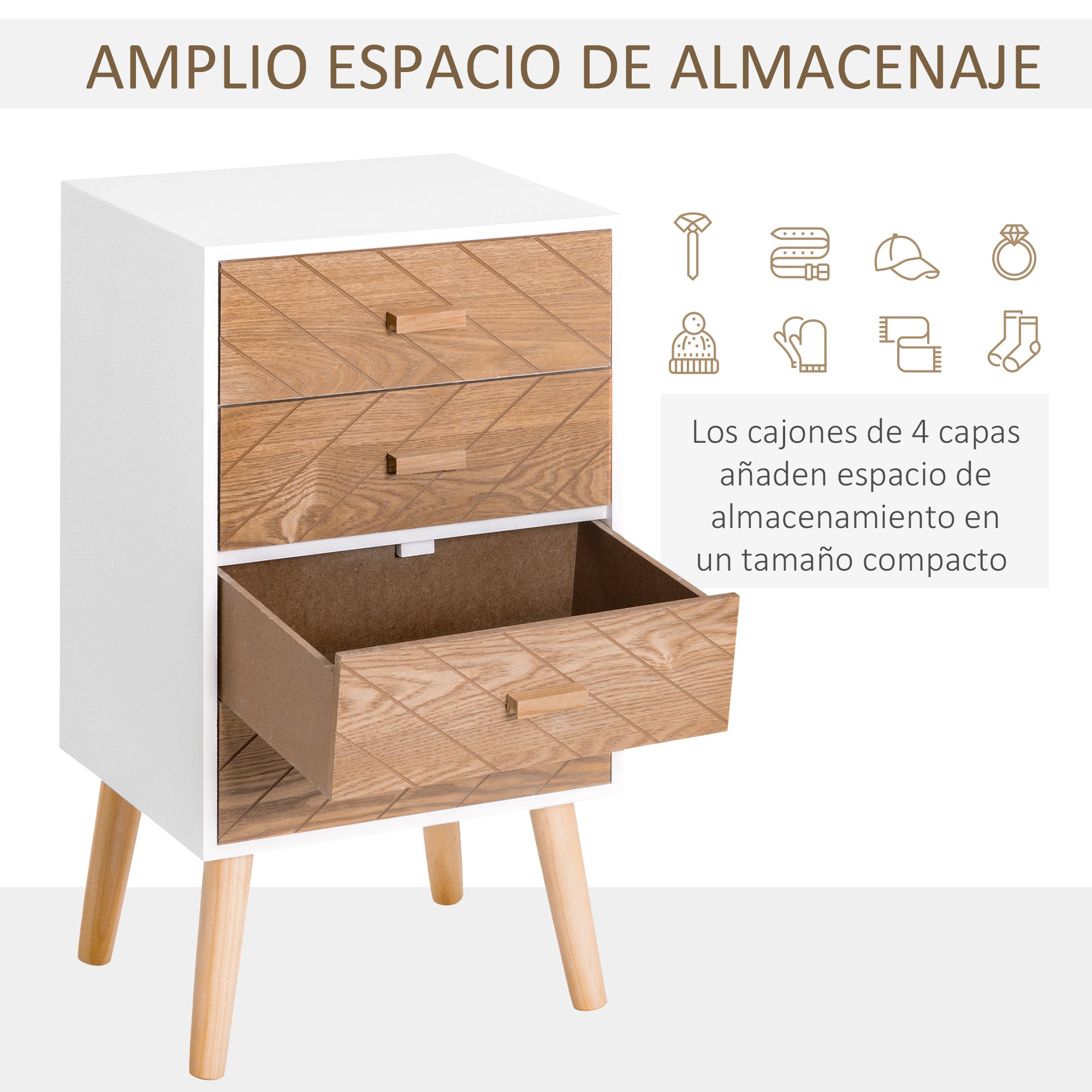 Mesa de Cabeceira 4 Gavetas 40x30x75 cm Branco e Madeira