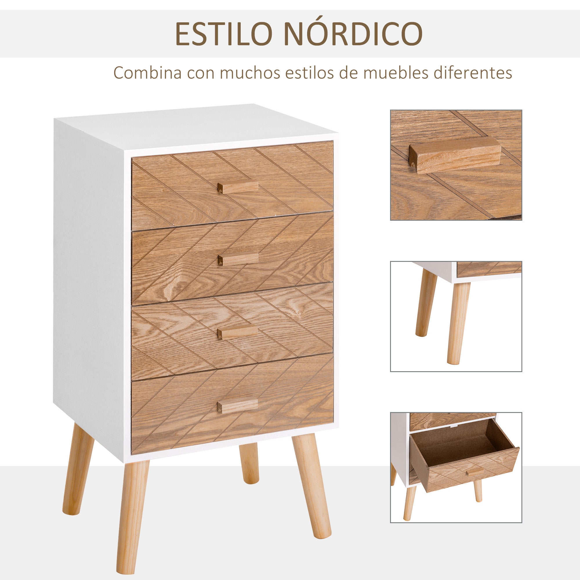 Mesa de Cabeceira 4 Gavetas 40x30x75 cm Branco e Madeira