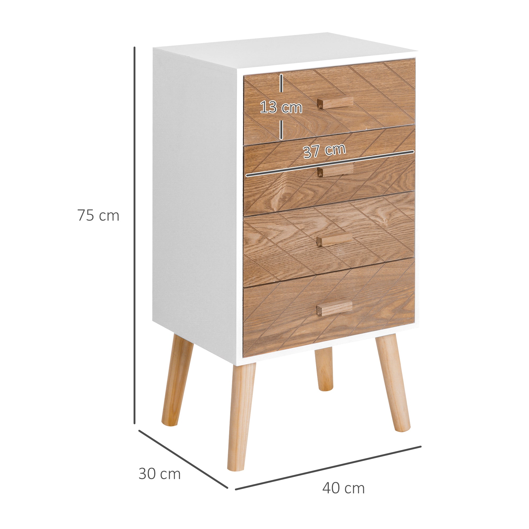 Mesa de Cabeceira 4 Gavetas 40x30x75 cm Branco e Madeira