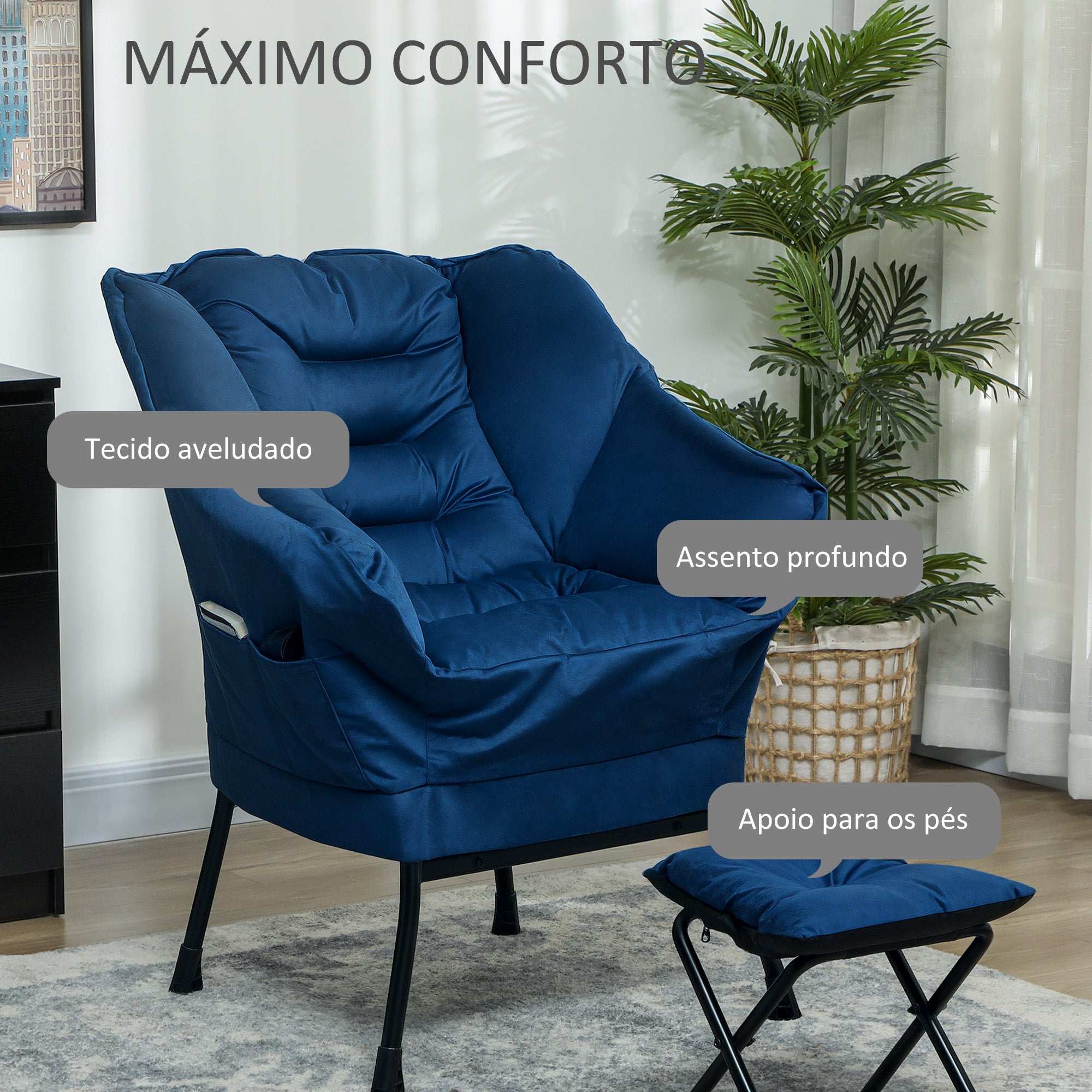 Poltrona Sala de Estar com Apoio para os Pés 80x78x100 cm Azul Escuro