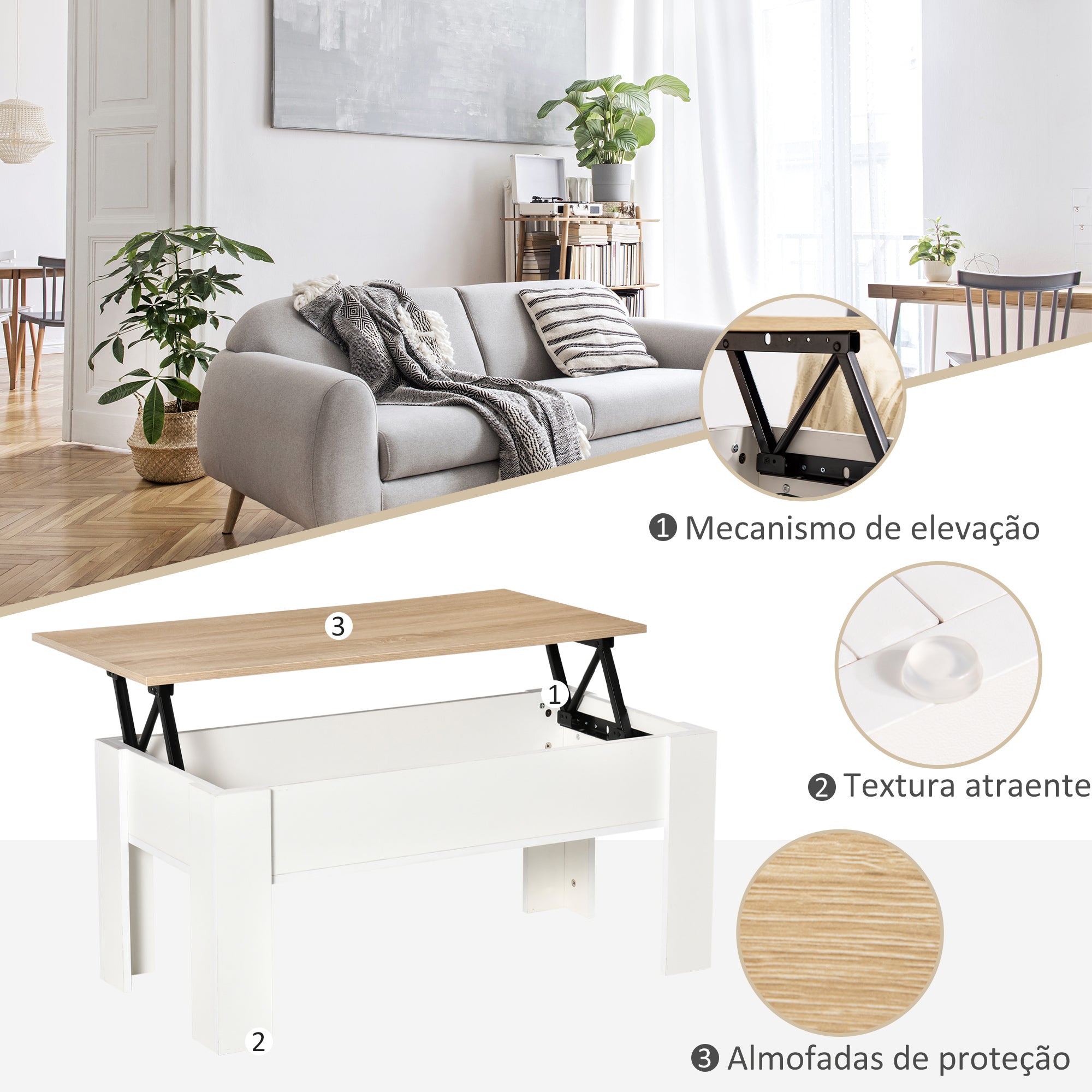 Mesa de Centro com Bancada Elevatória 100x50x45-58,5 cm - Branco e Madeira