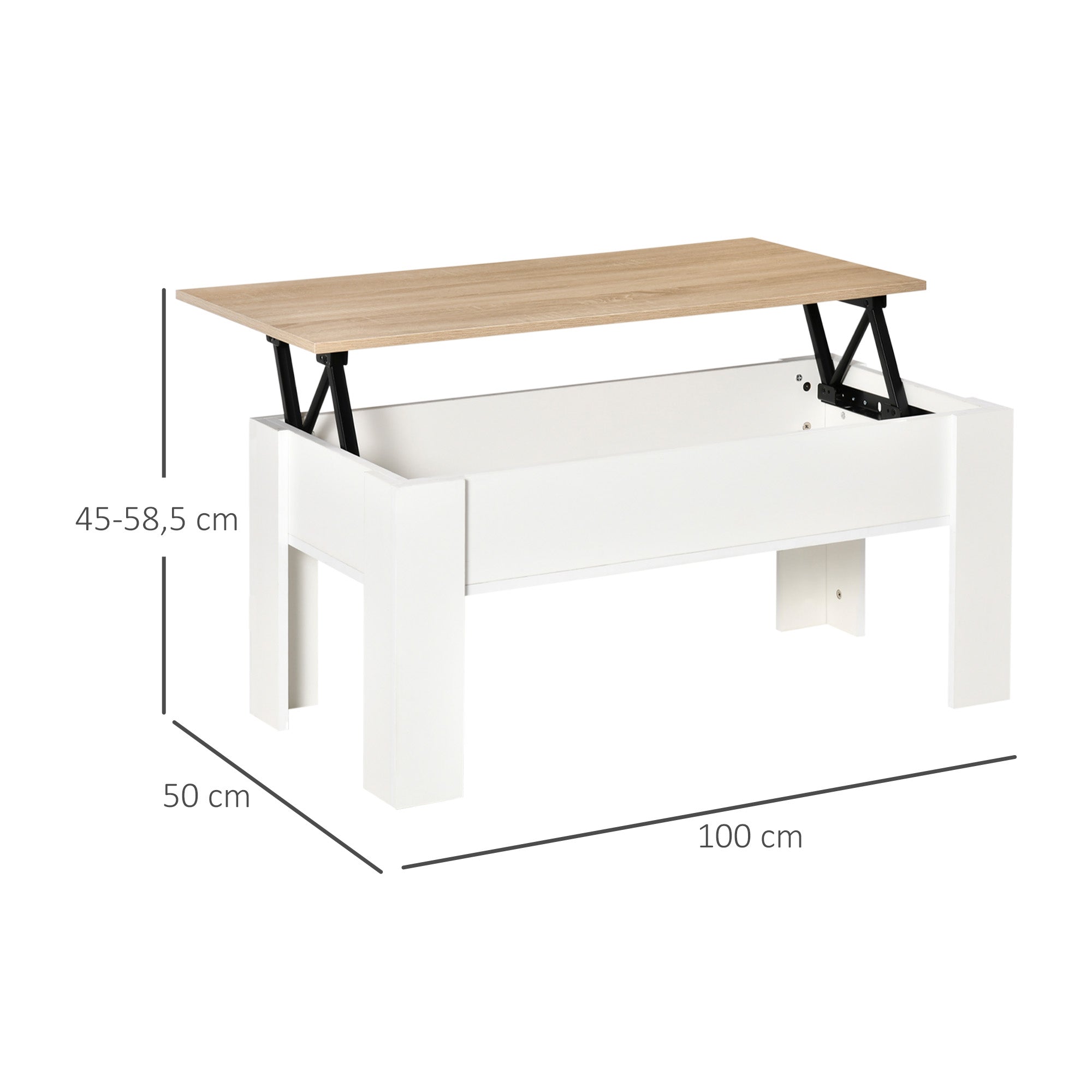 Mesa de Centro com Bancada Elevatória 100x50x45-58,5 cm - Branco e Madeira