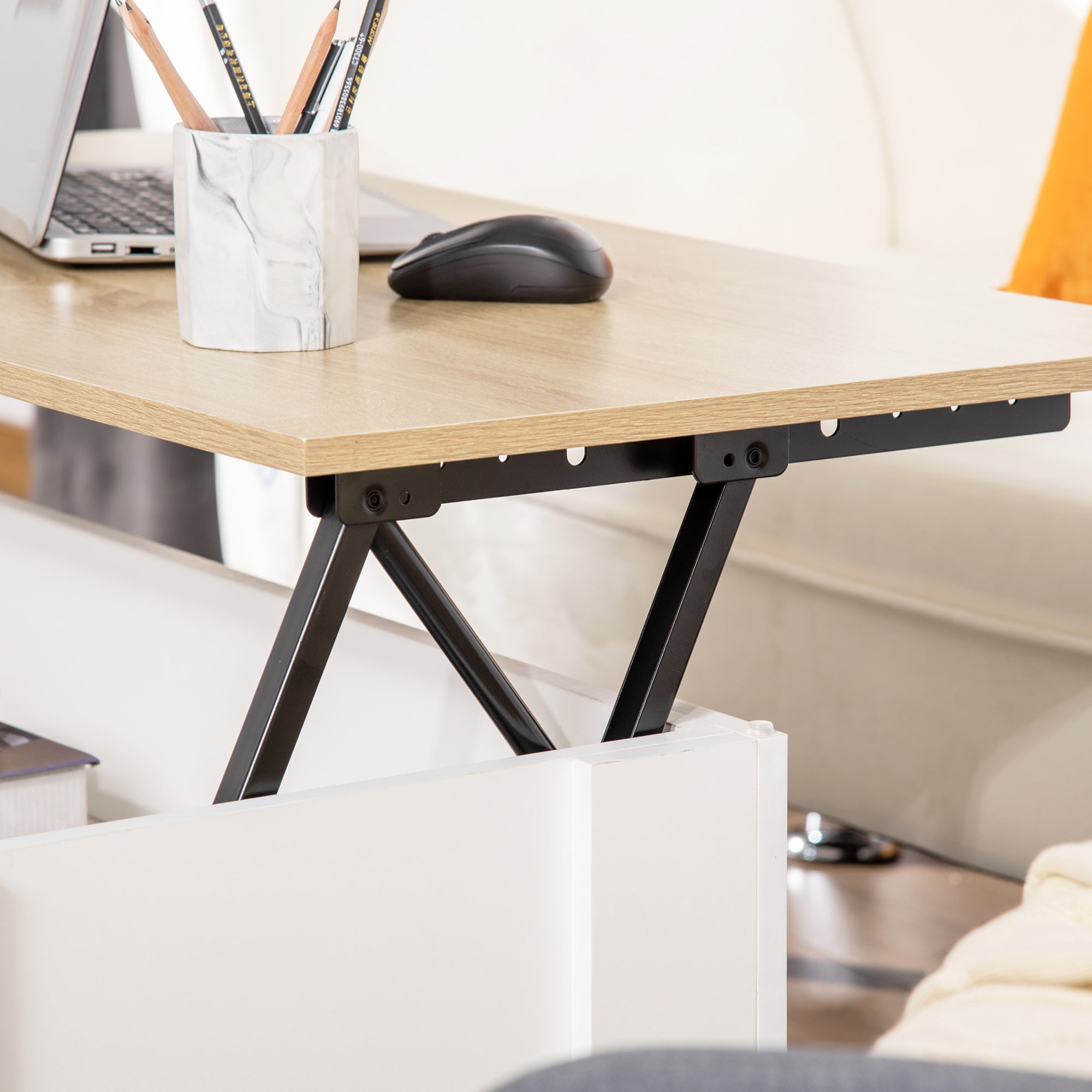 Mesa de Centro com Bancada Elevatória 100x50x45-58,5 cm - Branco e Madeira