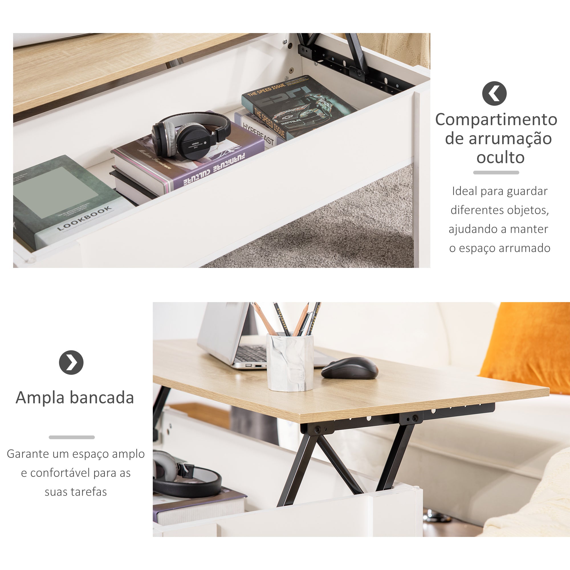 Mesa de Centro com Bancada Elevatória 100x50x45-58,5 cm - Branco e Madeira