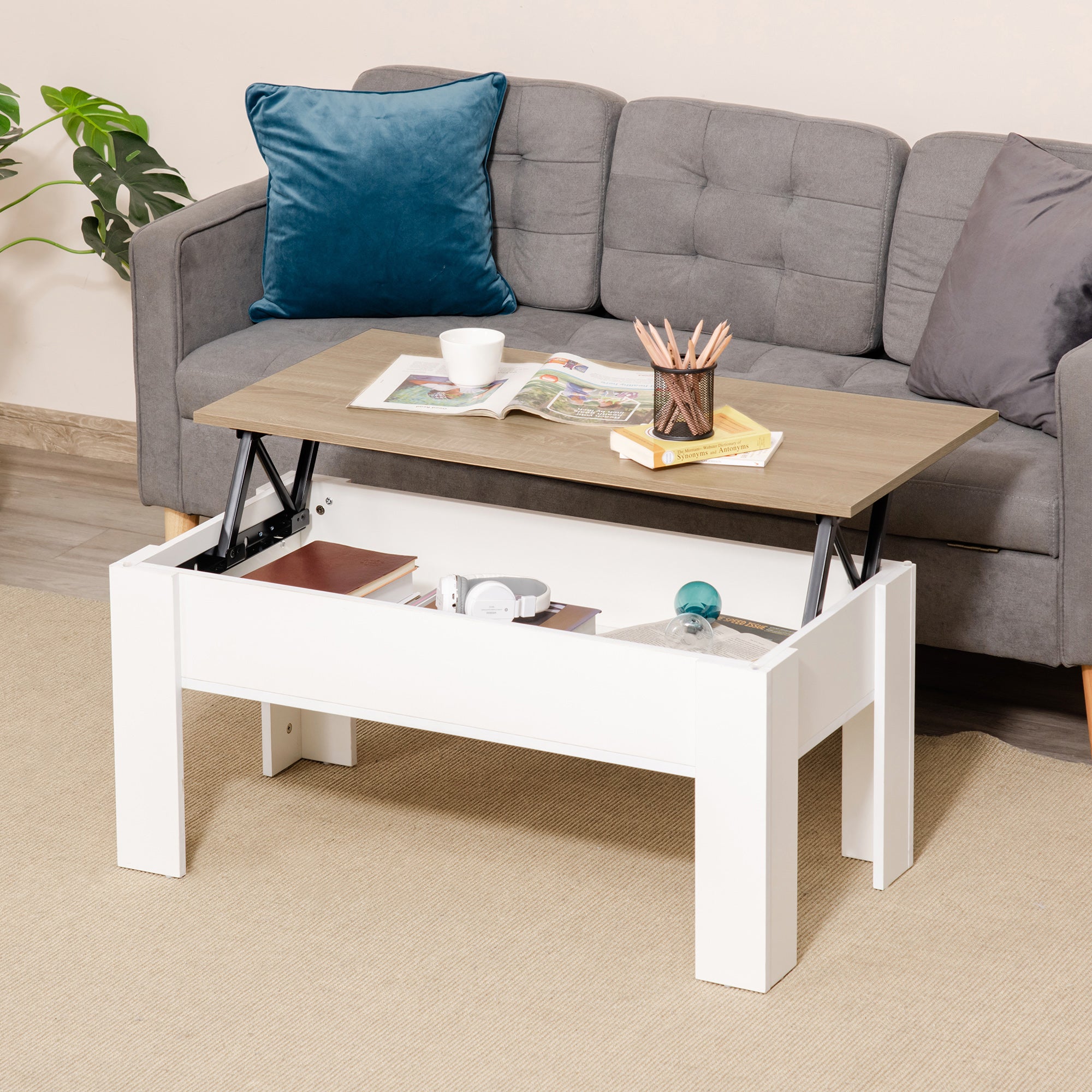Mesa de Centro com Bancada Elevatória 100x50x45-58,5 cm - Branco e Madeira