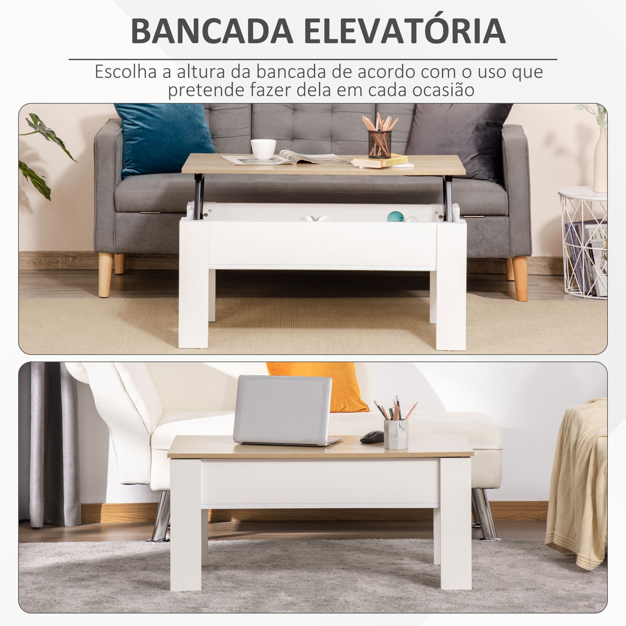 Mesa de Centro com Bancada Elevatória 100x50x45-58,5 cm - Branco e Madeira
