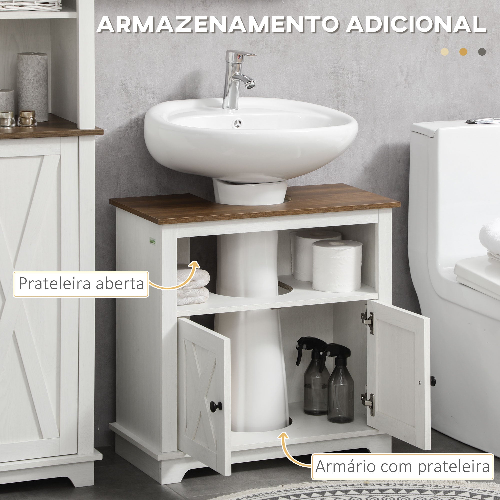 Armário de Casa de Banho com 2 Portas e Prateleira 60x30x60 cm - Branco e Madeira