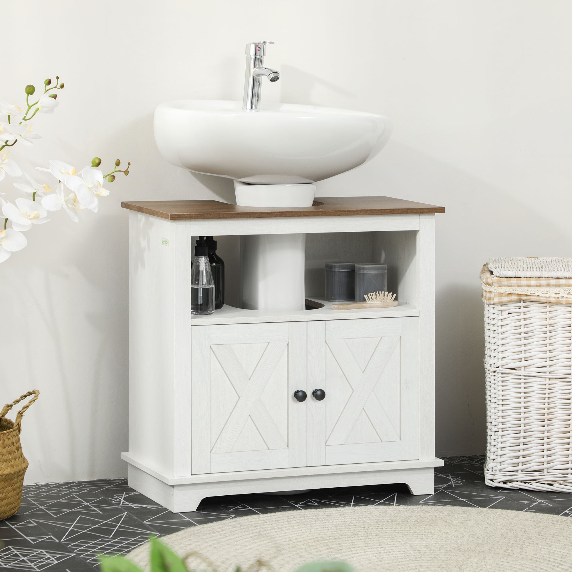 Armário de Casa de Banho com 2 Portas e Prateleira 60x30x60 cm - Branco e Madeira