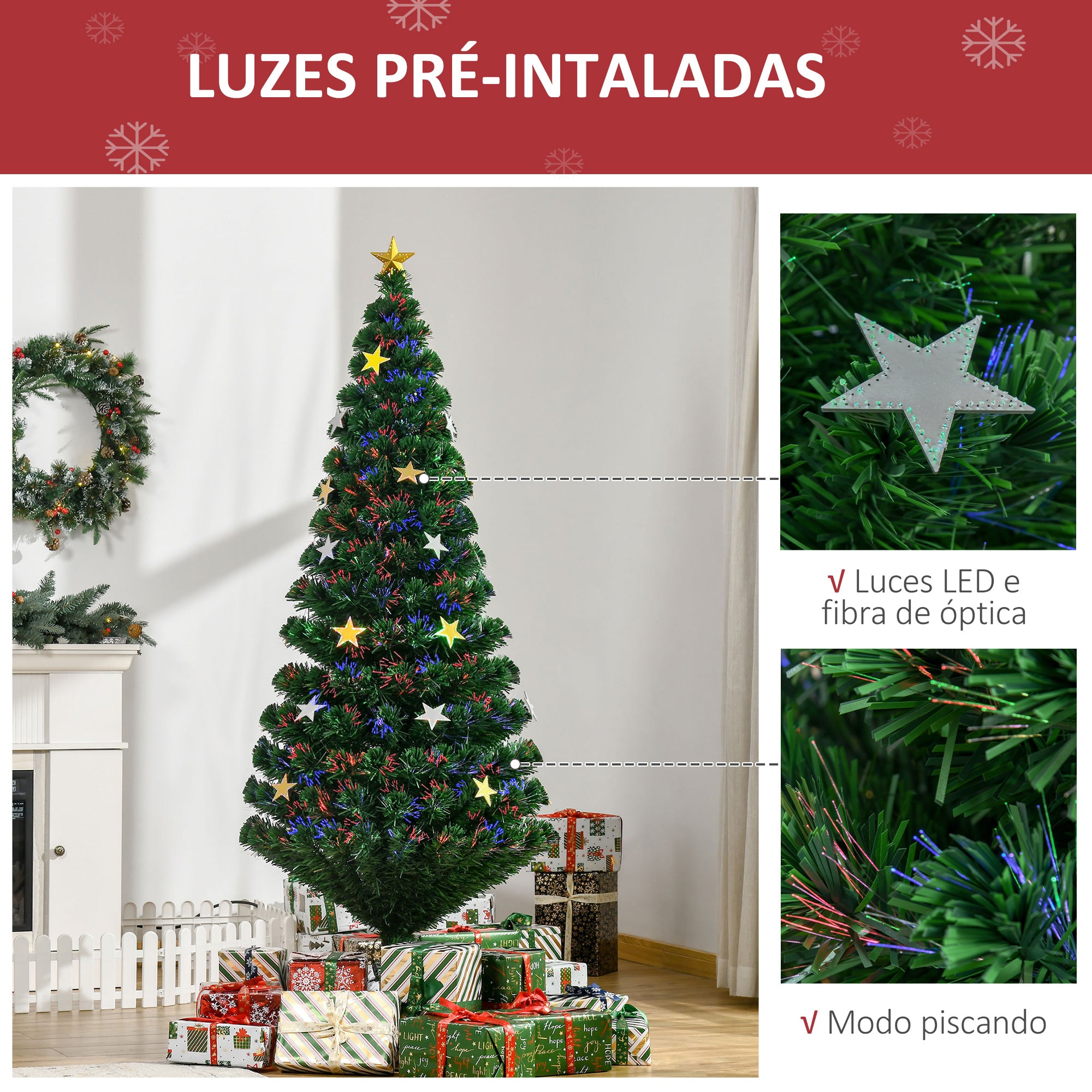 Árvore de Natal Artificial Pinheiros 180 cm LED Multicolor Fibra Óptica Brilhante