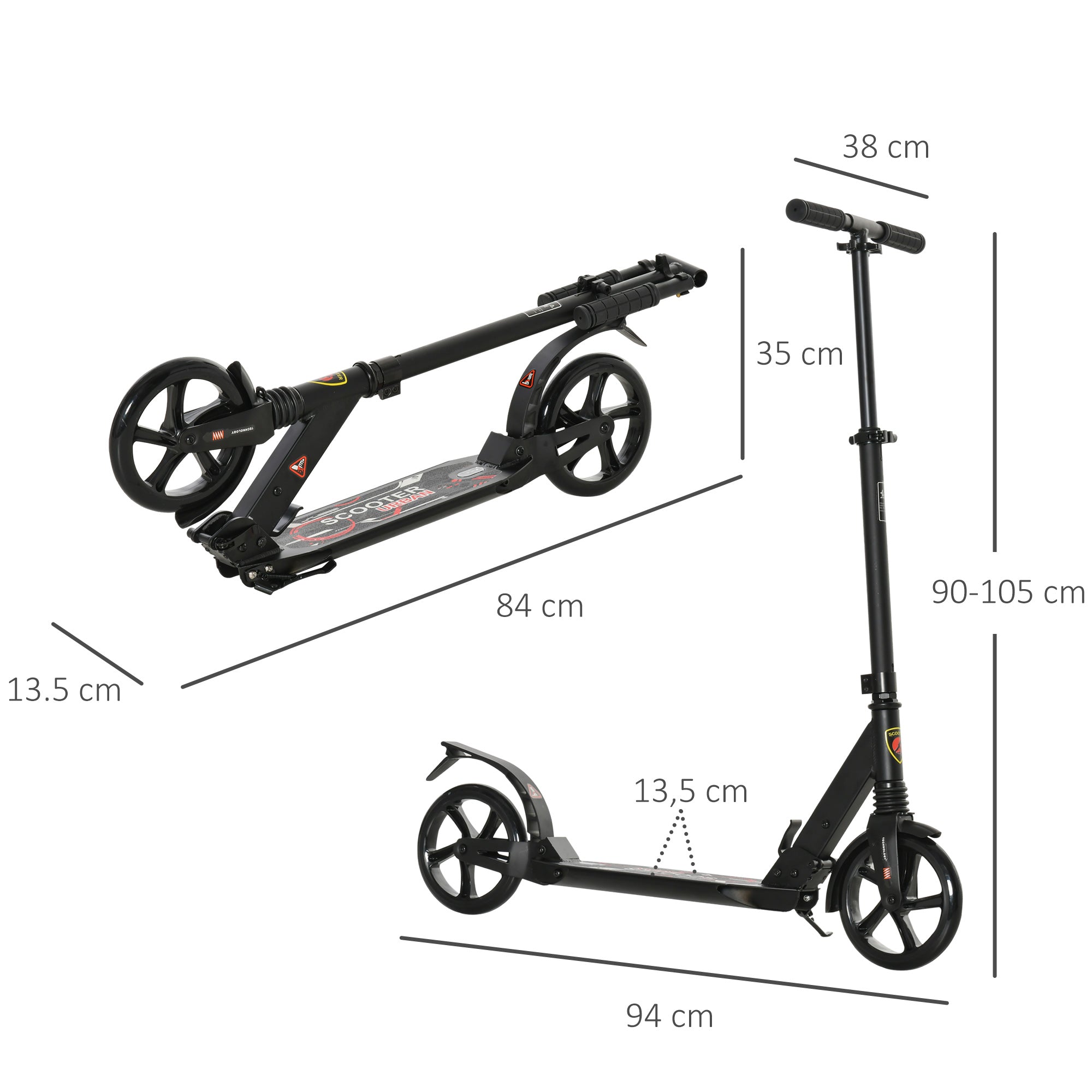 Trotinete Dobrável para Adultos e Crianças (Preto, 100 kg) - Medidas 94x38x90-105cm