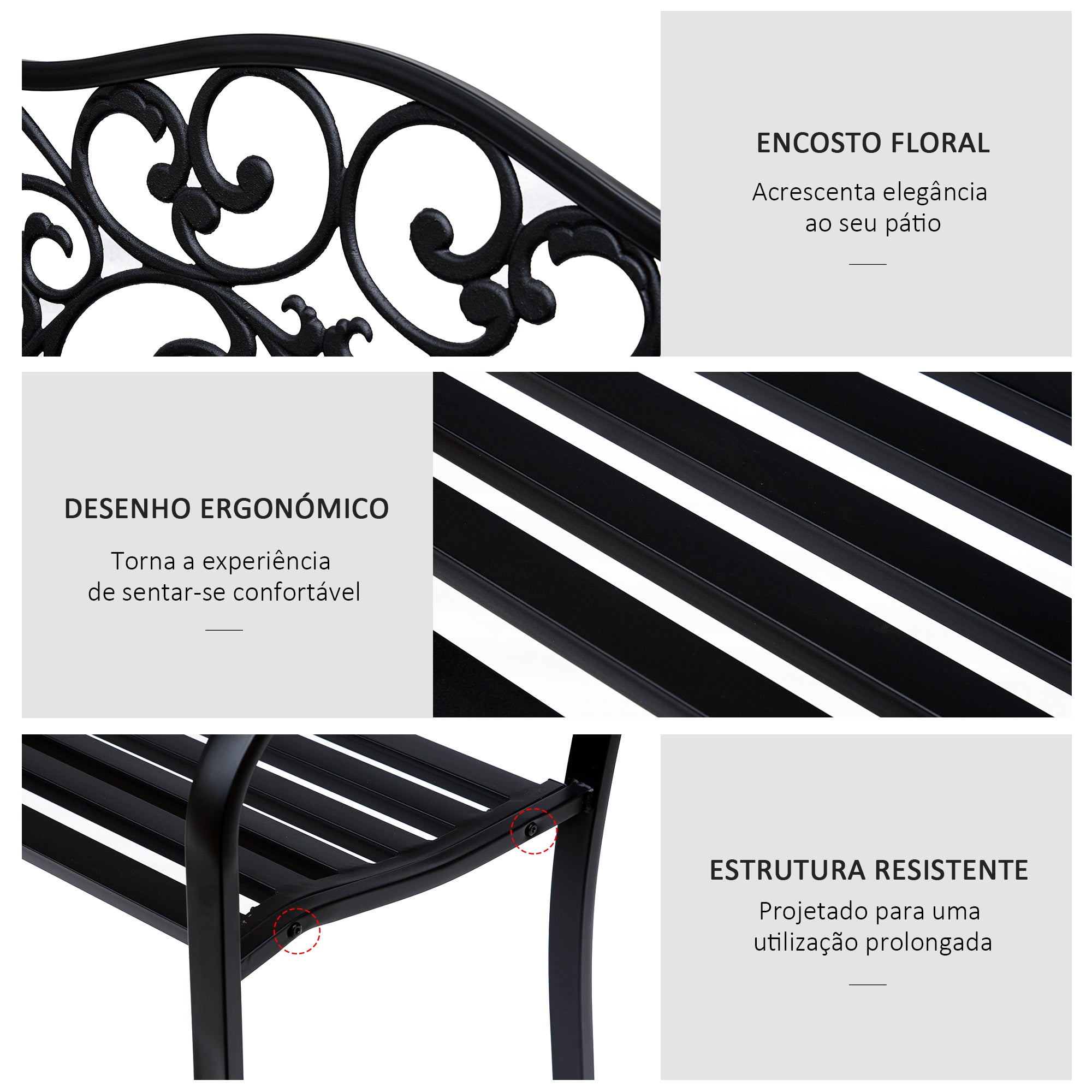 Banco de Jardim em Aço Preto 127x60x89 cm - Suporte para Braços - Carga Máxima 240 kg