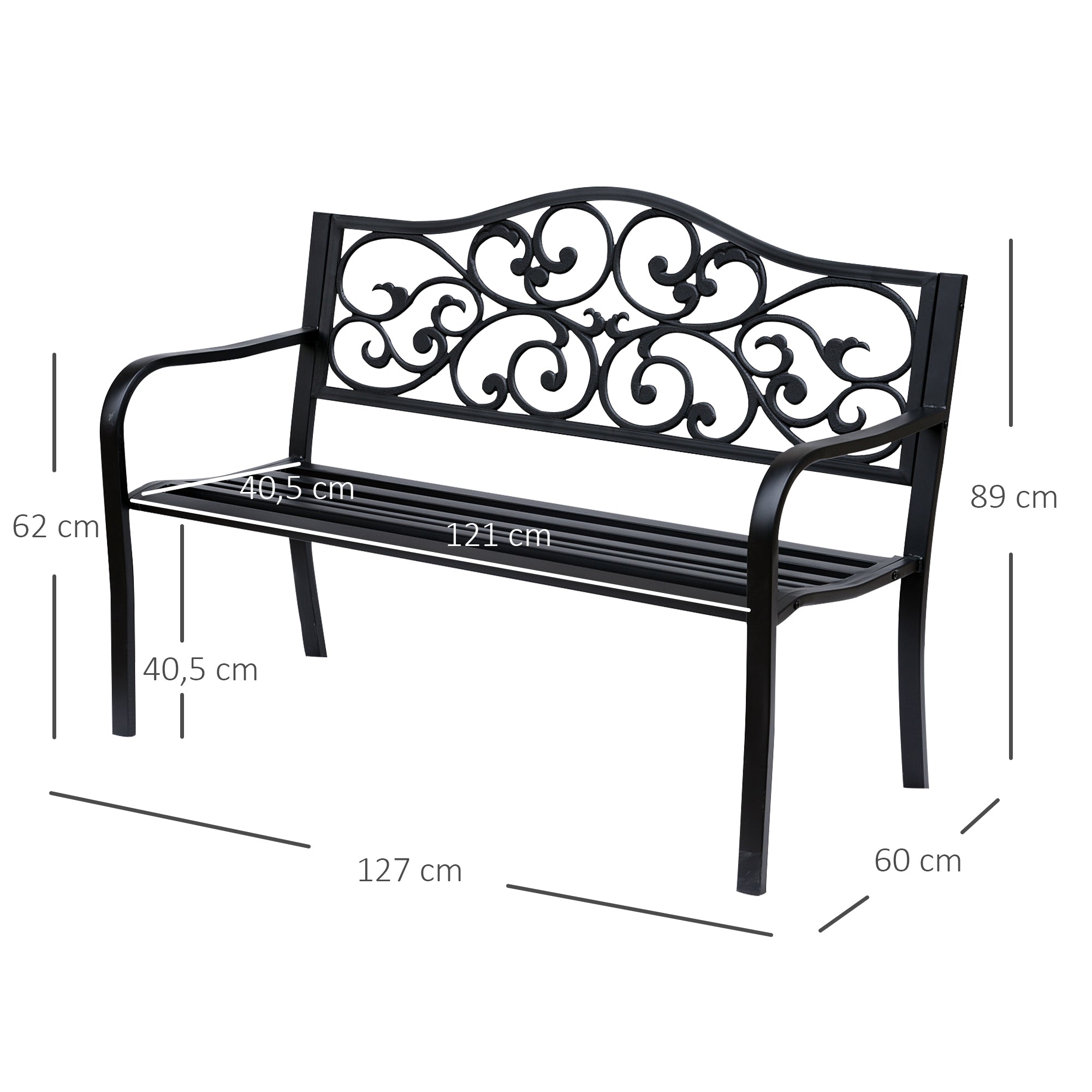 Banco de Jardim em Aço Preto 127x60x89 cm - Suporte para Braços - Carga Máxima 240 kg