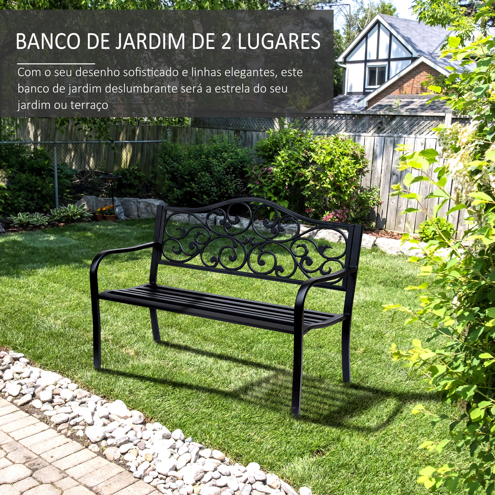 Banco de Jardim em Aço Preto 127x60x89 cm - Suporte para Braços - Carga Máxima 240 kg