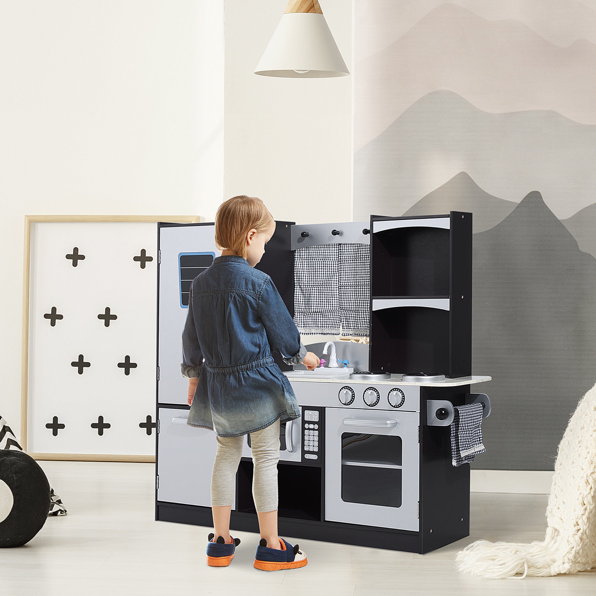 Cozinha de Brinquedo Infantil de Madeira 105x31,5x95 cm - Cinza e Preto