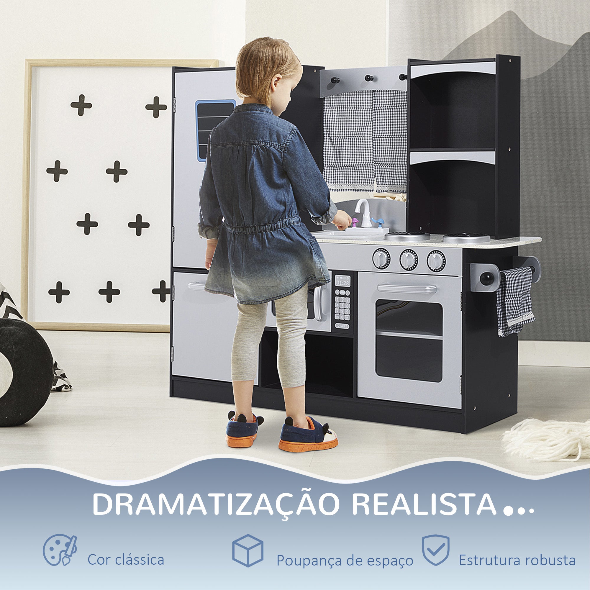 Cozinha de Brinquedo Infantil de Madeira 105x31,5x95 cm - Cinza e Preto
