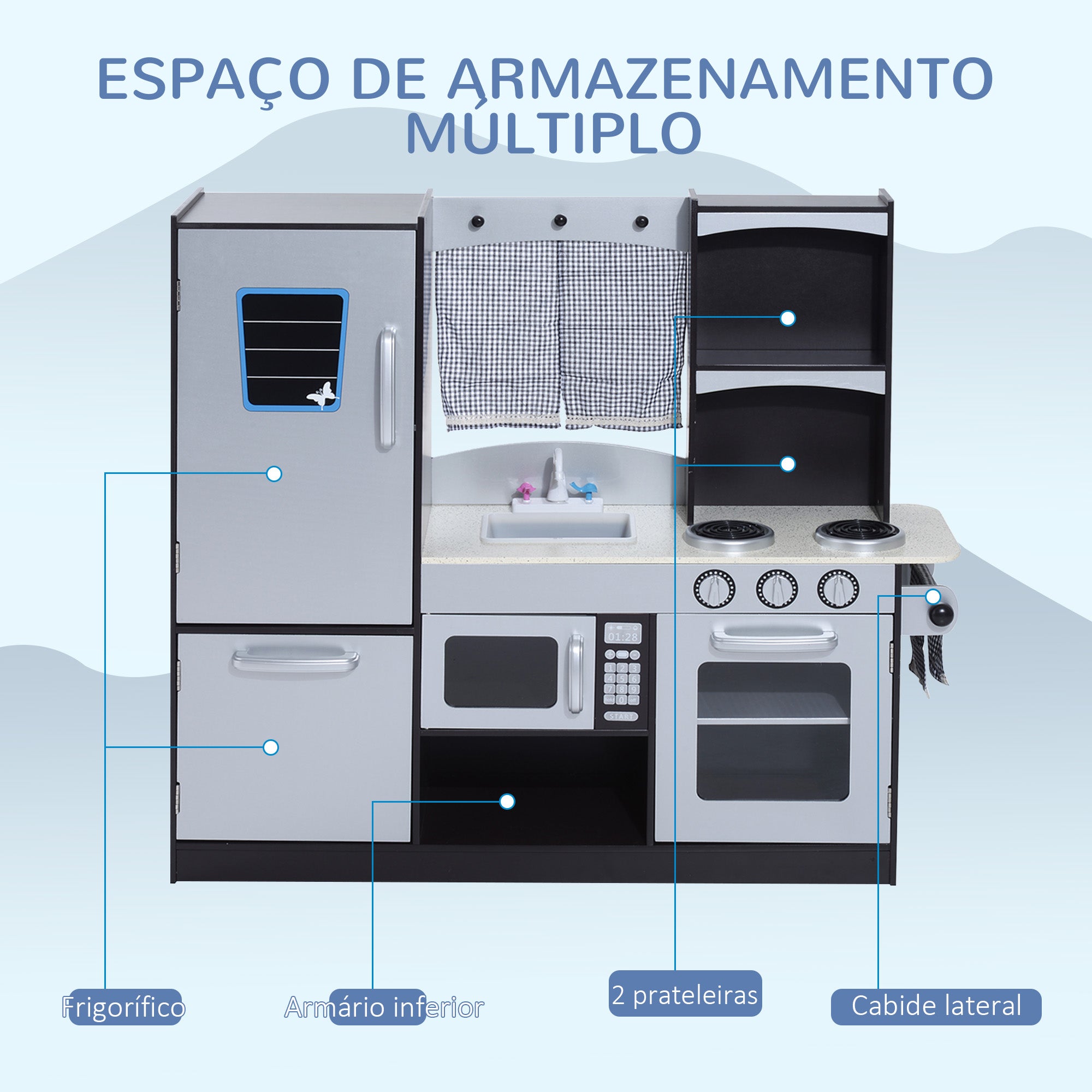 Cozinha de Brinquedo Infantil de Madeira 105x31,5x95 cm - Cinza e Preto