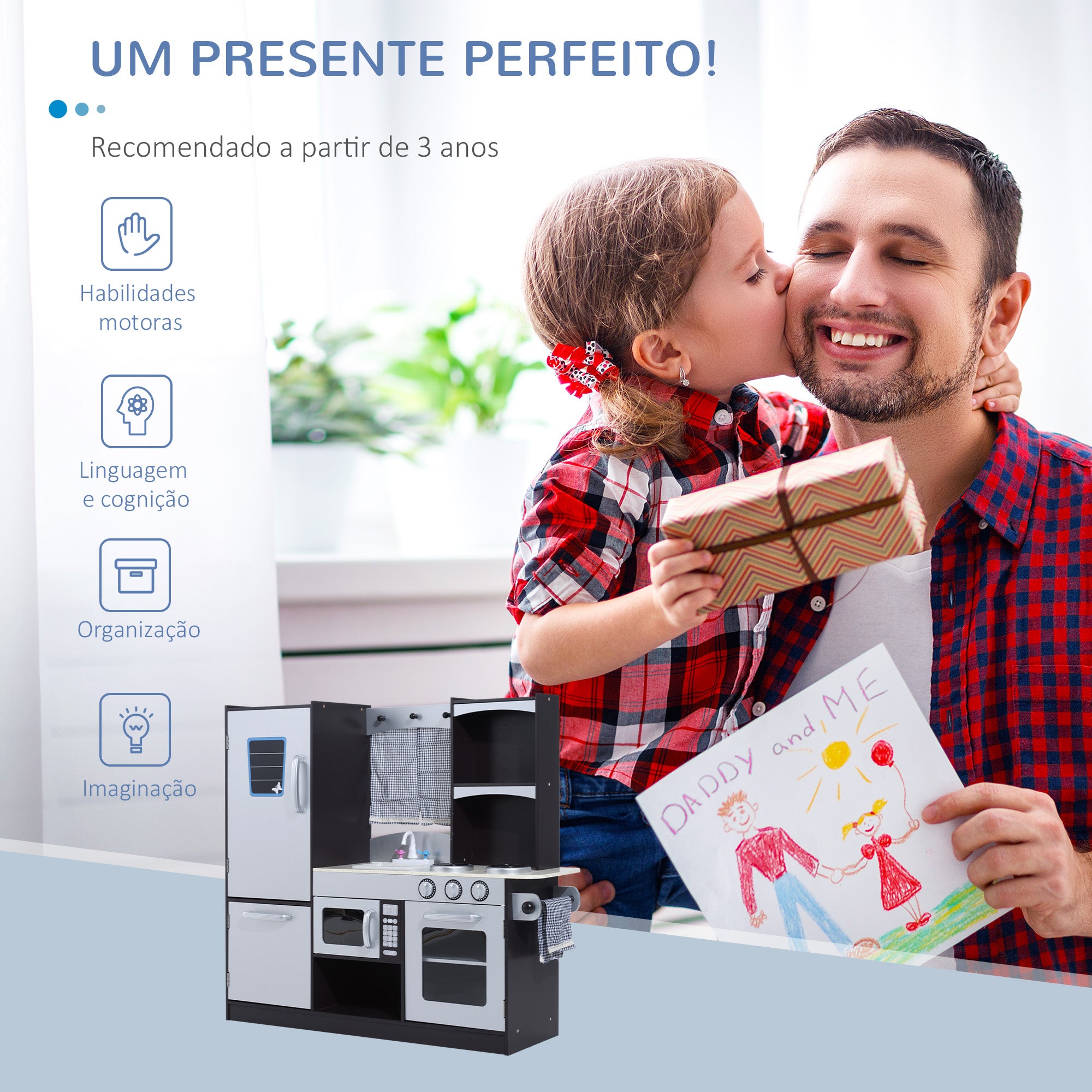 Cozinha de Brinquedo Infantil de Madeira 105x31,5x95 cm - Cinza e Preto