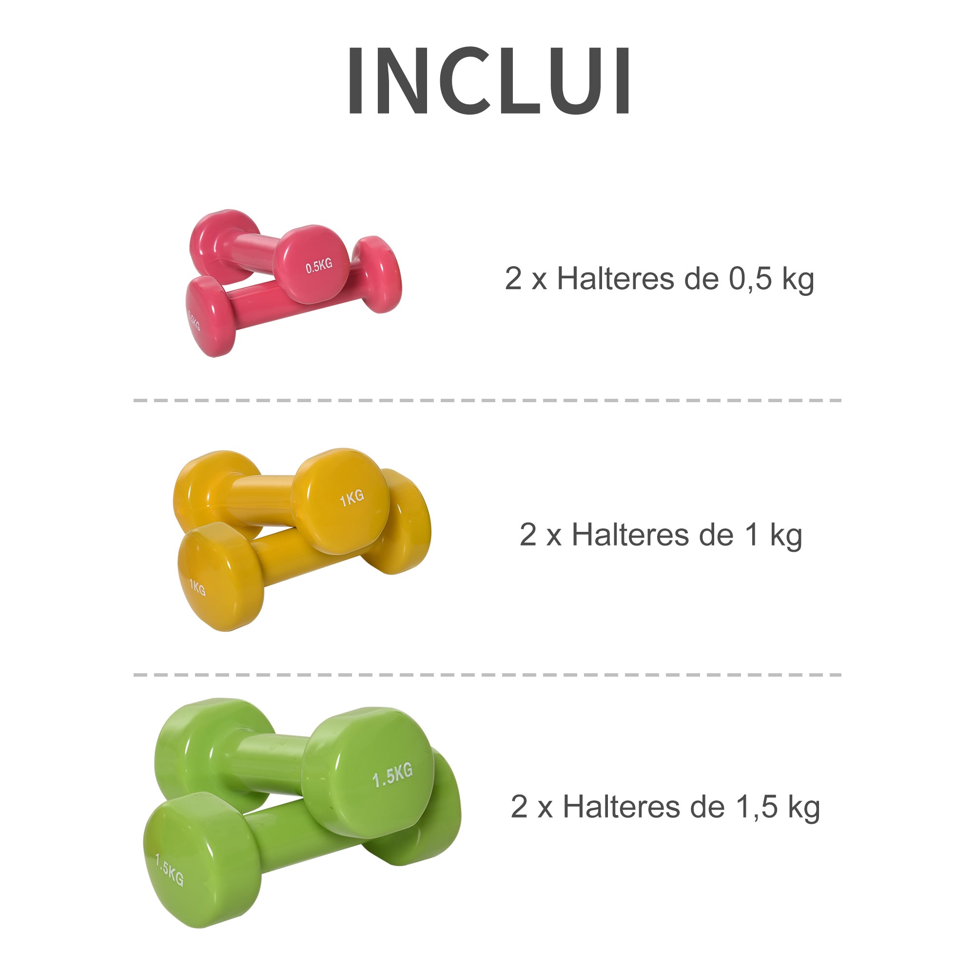 Conjunto de Halteres Hexagonais – 1,5kg, 1kg e 0,5kg – Multicor – Aço com revestimento de PU