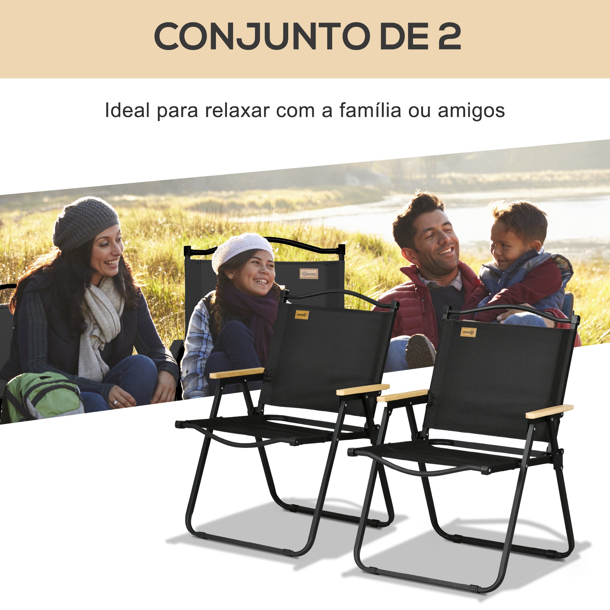 Cadeiras Dobráveis de Campismo Preto 54x59x78 cm - Conjunto de 2