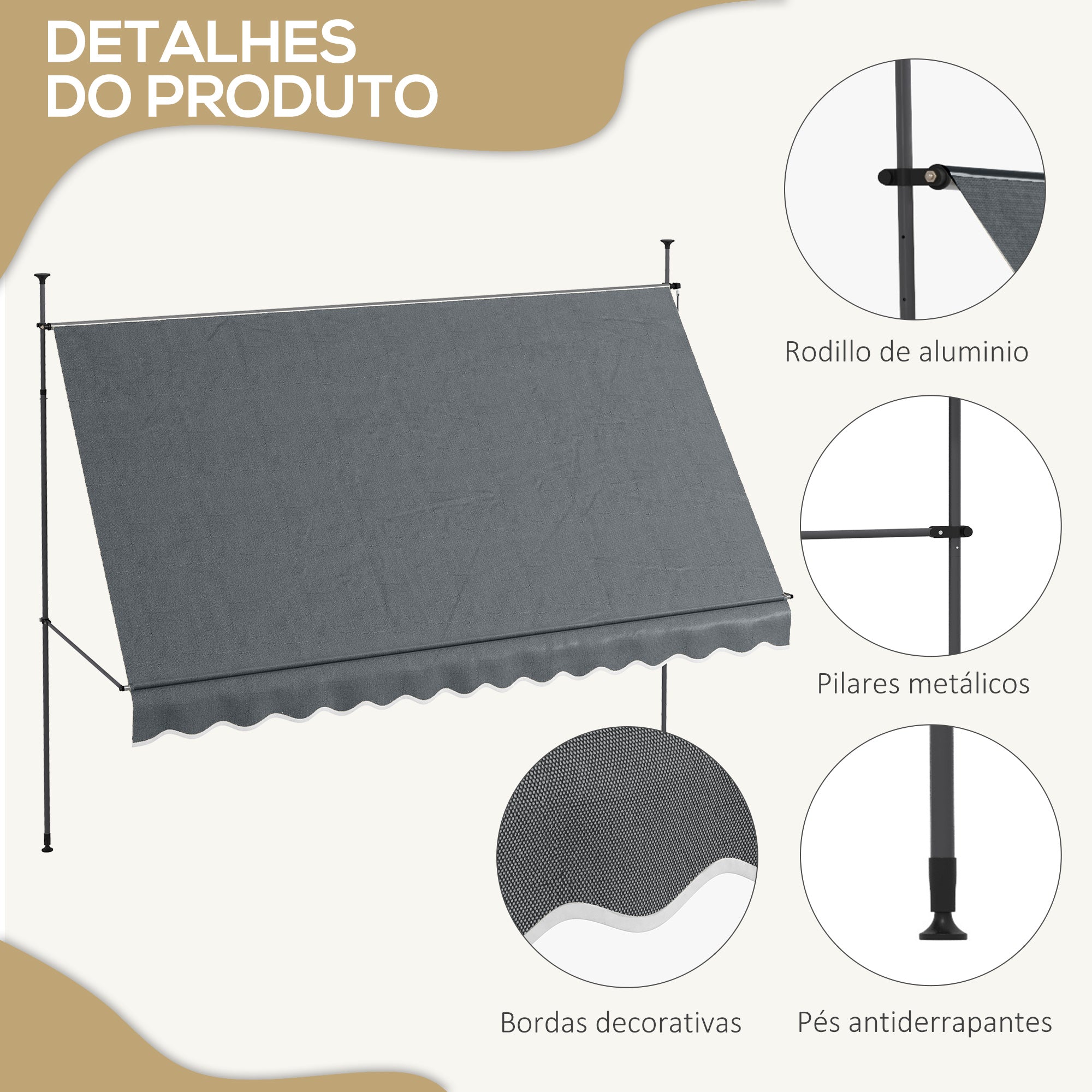 Toldo Retrátil Manual Cinza Escuro 350x120x210-300 cm
