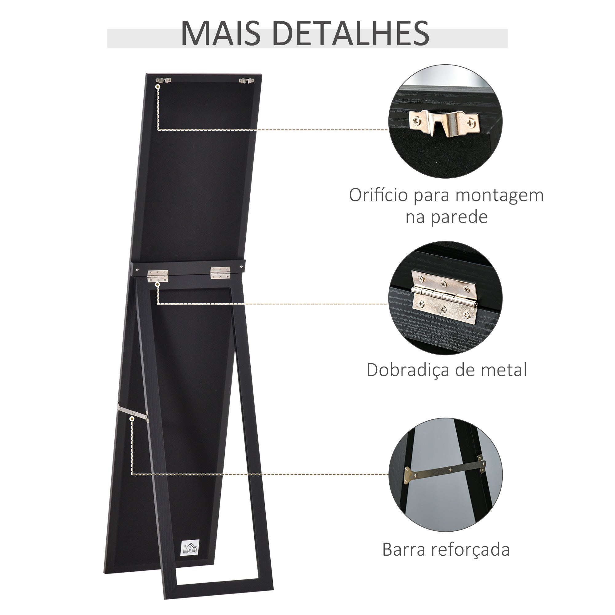 Espelho de Pé de Corpo Inteiro Retangular – 37x37x154cm – Cor Preto – MDF e cristal