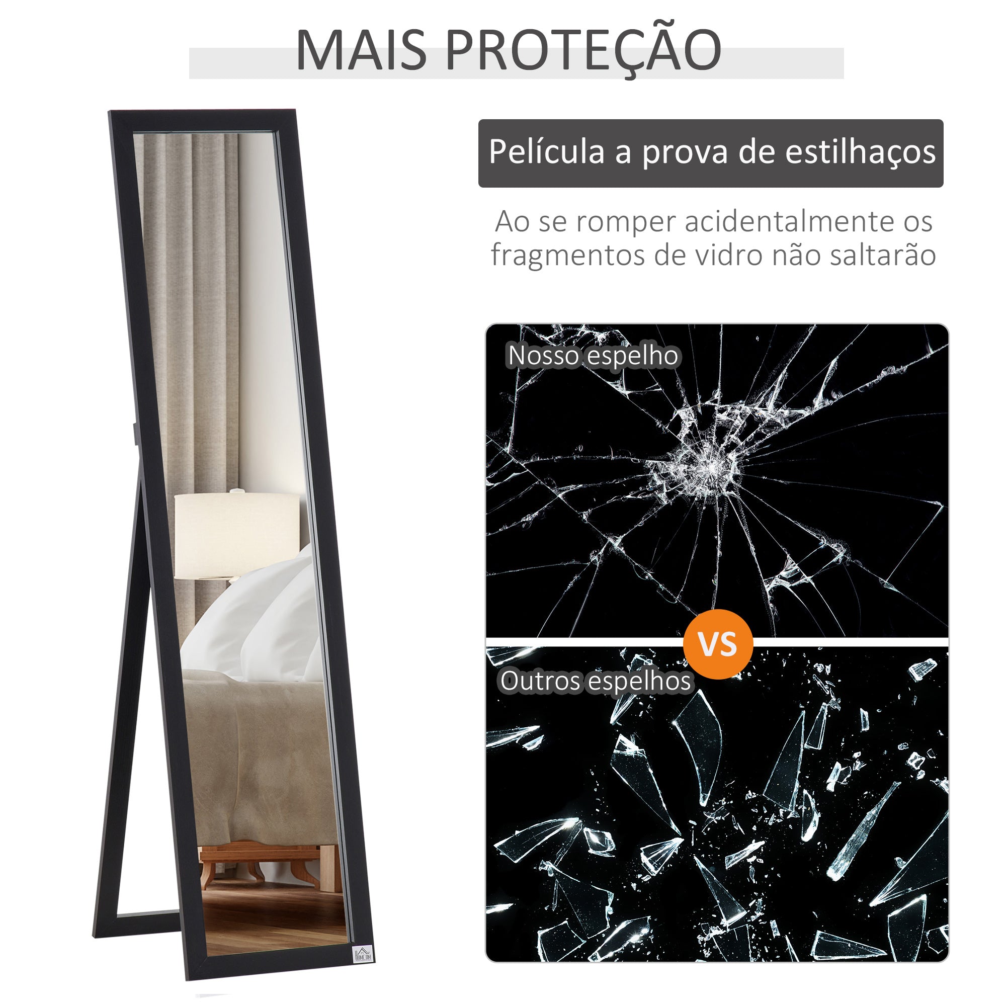 Espelho de Pé de Corpo Inteiro Retangular – 37x37x154cm – Cor Preto – MDF e cristal